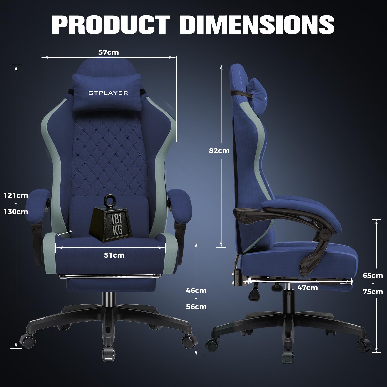GTPLAYER Sedia da gaming ergonomica, sedia da ufficio in tessuto traspirante, larga e alta, girevole, con poggiapiedi, supporto lombare regolabile e poggiatesta, Blu scuro