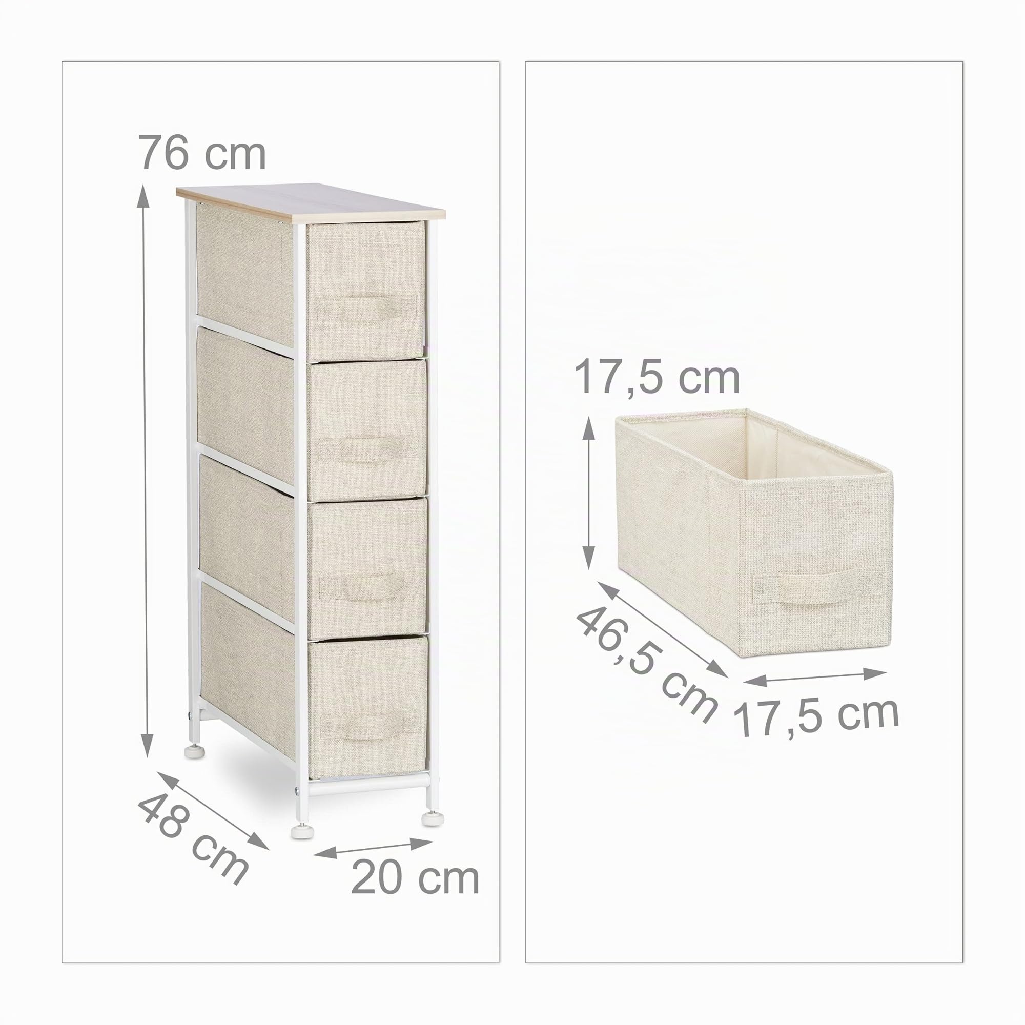 Relaxdays Mobiletto con 4 Cassetti, Mobile Cassettiera, in Tessuto, Acciaio e Legno MDF, HxLxP: 76 x 20 x 48 cm, Beige