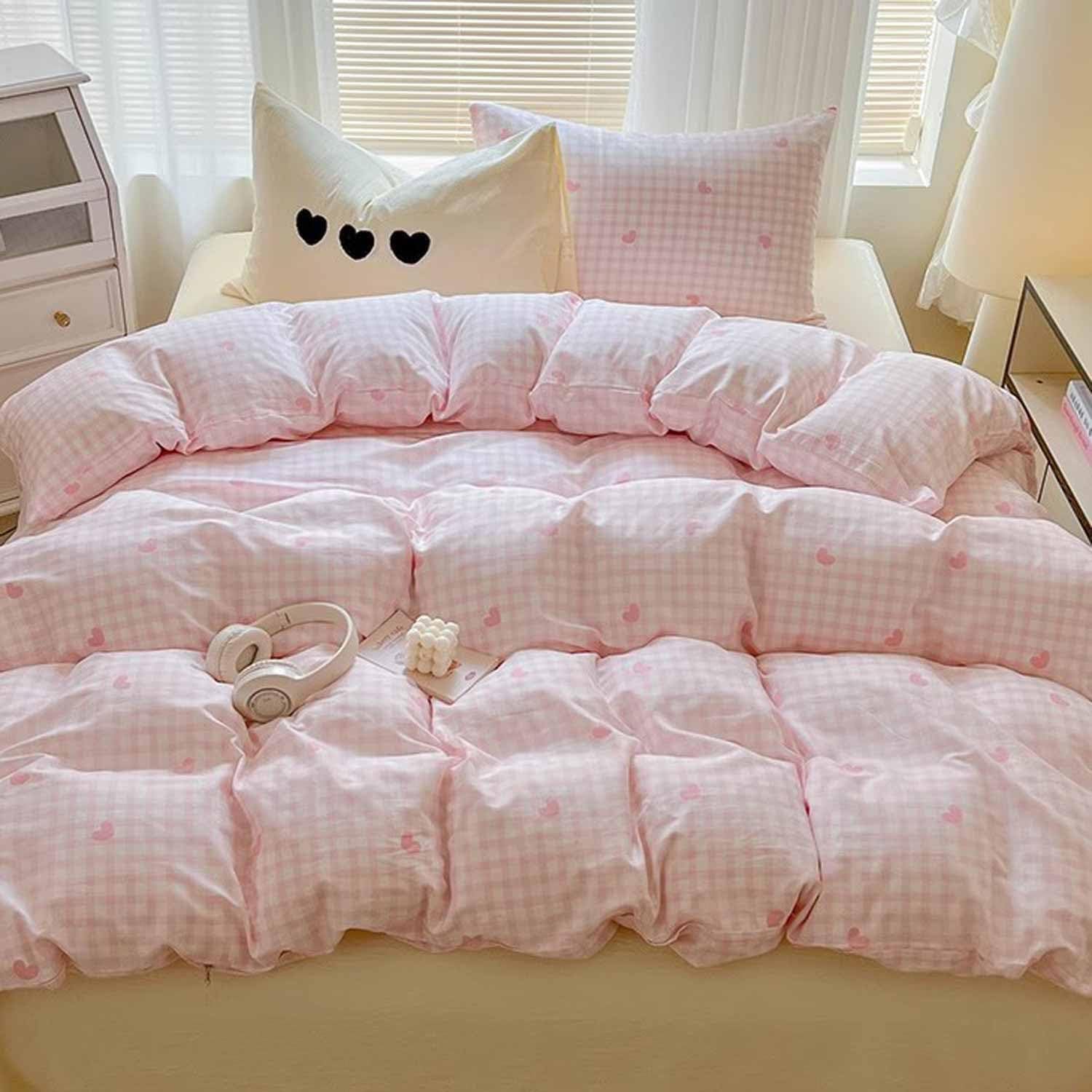 Nanko Pink Gingham Comforter Set Twin Size - 2 Pcs Plaid Grid Checked Geometric Heart Pattern Printed Bedding Sets and White Soft Cottage Preppy Deco for Women Girls Bed, 68x90 inch