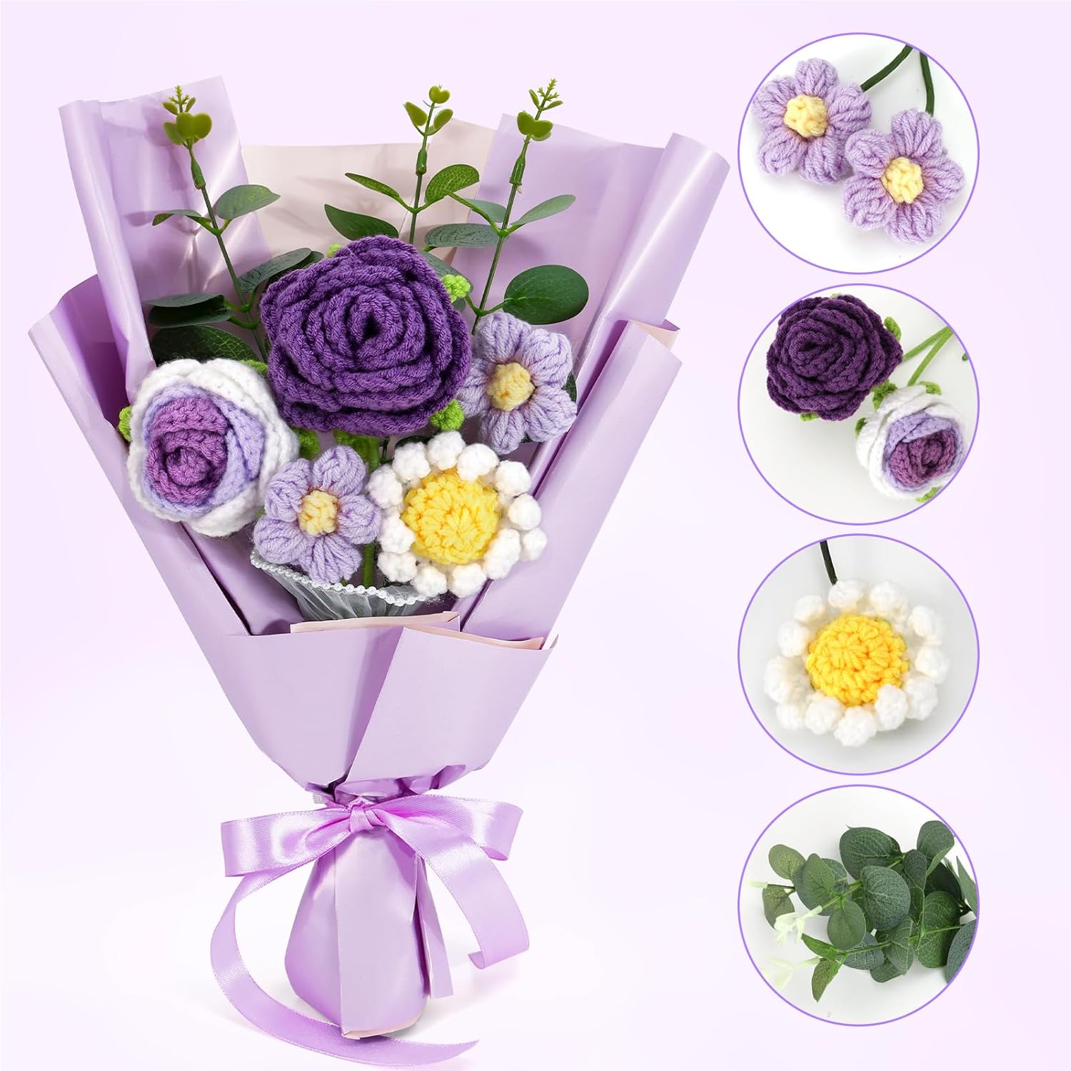 Omldggr Crochet Flowers Bouquet, Knitted Rose Daisy Bouquet with Exquisite Purple Wrap Eternal Blessing for Mom Gift, Christmas Valentine's Day Birthday Wedding for Her - Image 3