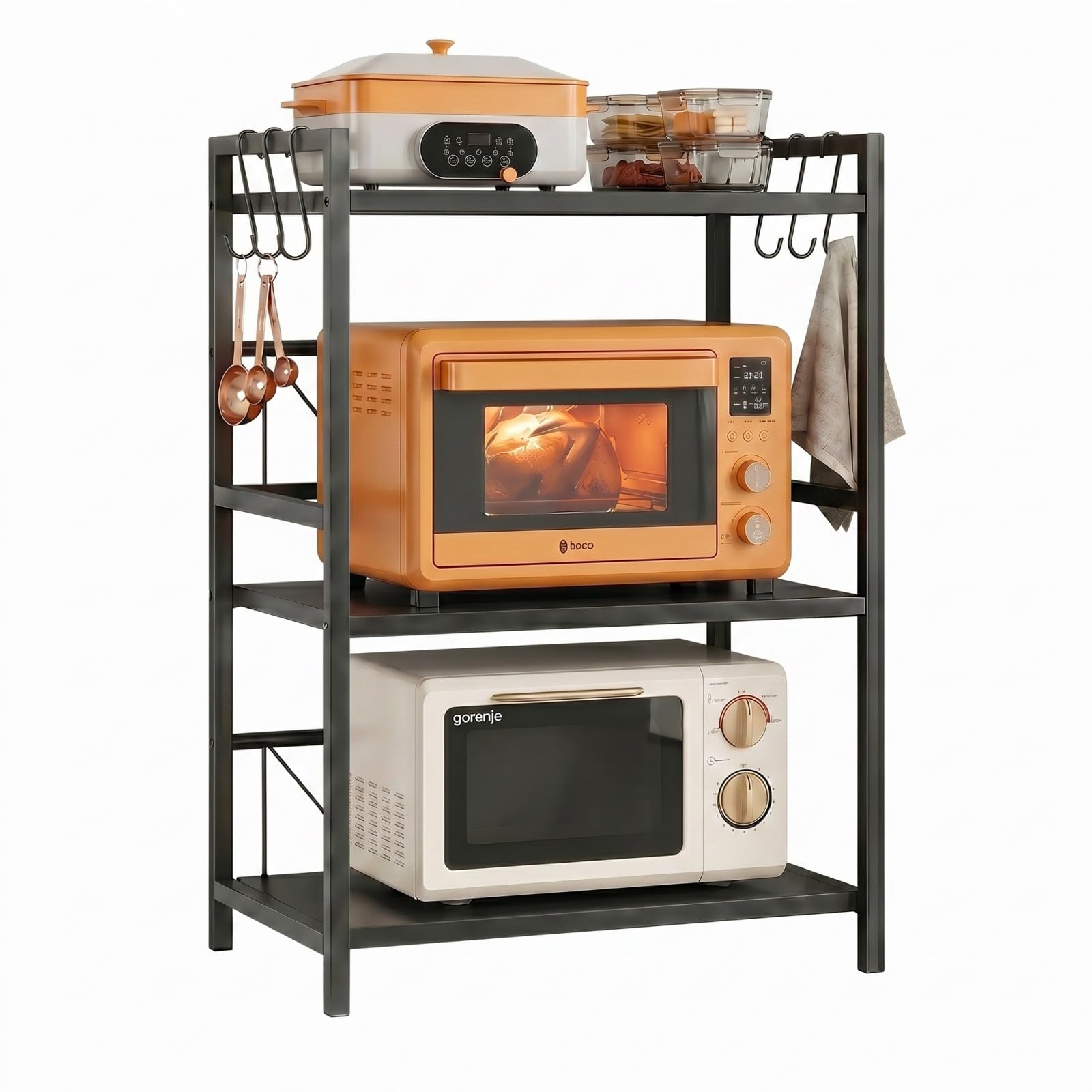 Braozaiw 3-Tier Expandable Microwave Oven Rack, Adjustable Carbon Steel Kitchen Shelf, Length 40-60cm, Height Adjustable with 6 Hooks for Kitchen Organisation