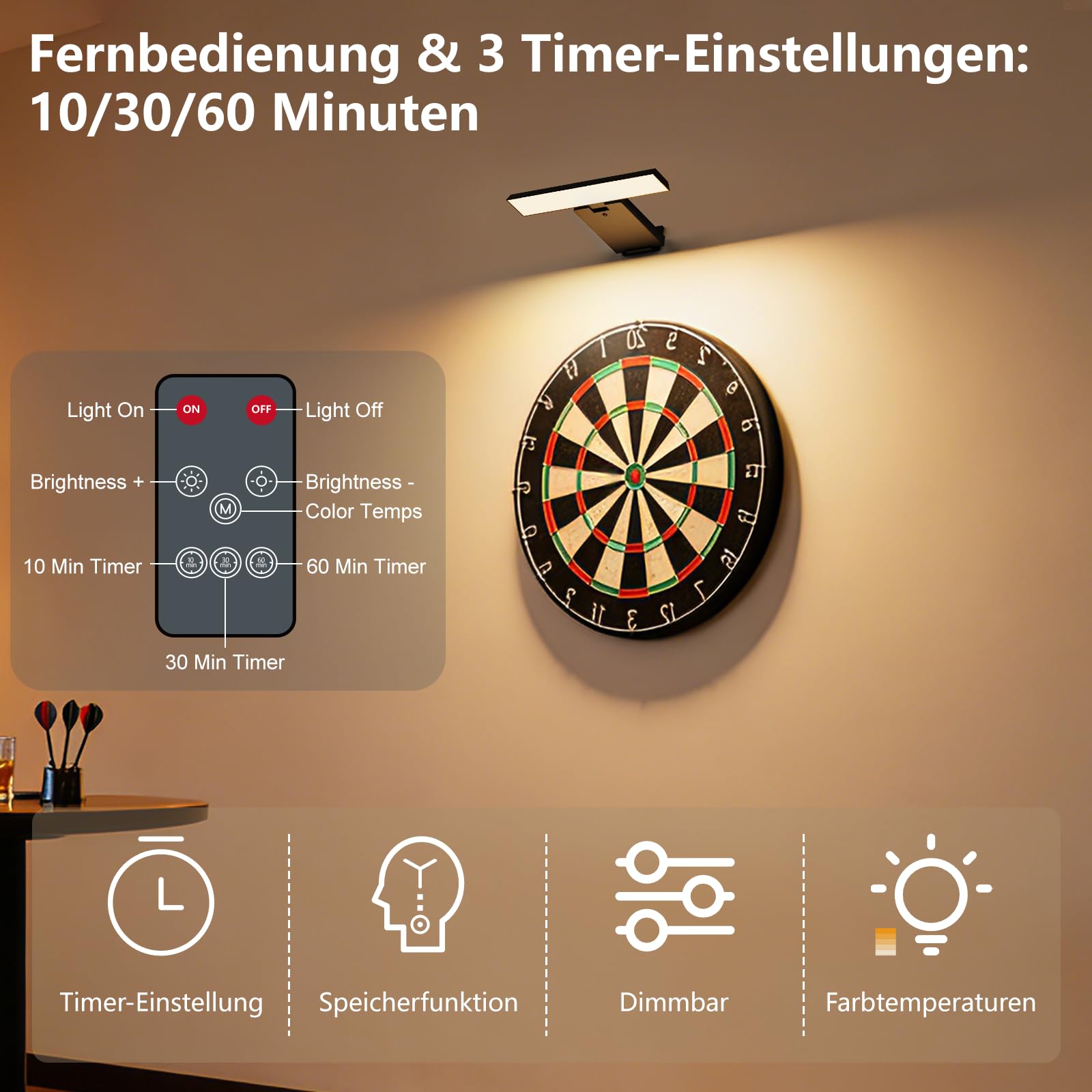 Feallive Bildbeleuchtung Kabellos, Dart Licht 1 Stück mit Fernbedienung 6000mah Akku Wandleuchte Innen 3 Farbtemperaturen Dimmbar Bilderleuchte mit Timer für Foto Bild Schwarz