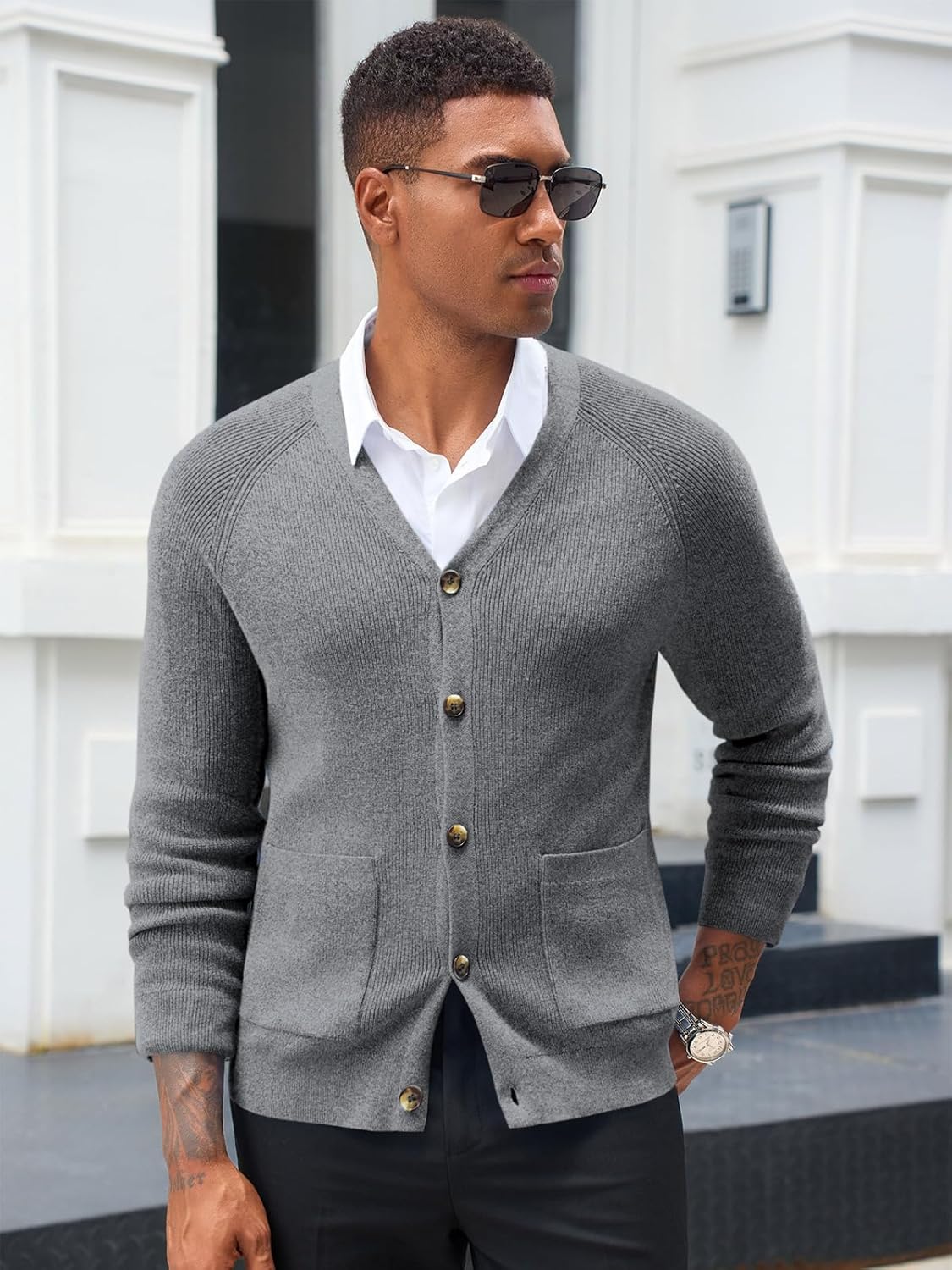 Runcati Men's Cardigan Sweater V Neck Long Sleeve Casul Cardigan Button Down Knitted Sweaters with Pockets - Image 2