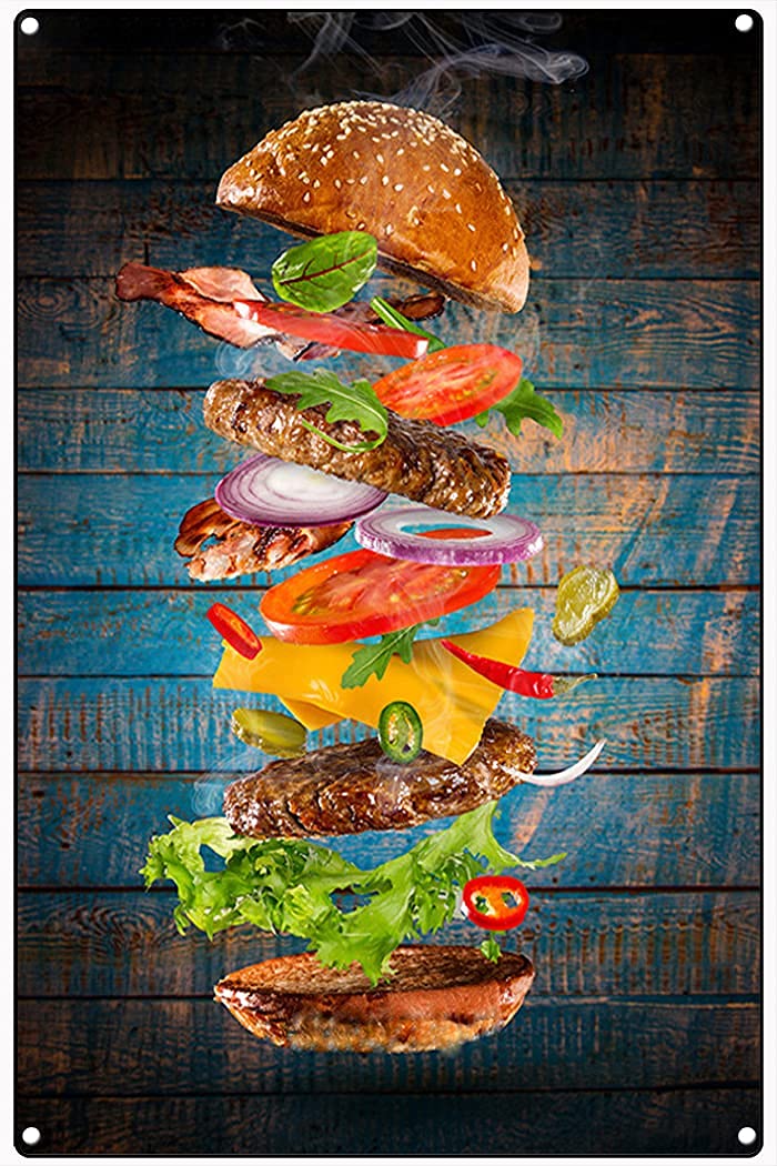 Xiddxu Rustic Retro Metal Tin Sign,Food Hamburger Kitchen Poster,Funny Modern Art Plate Mural Cafe Store Club Bedroom Bathroom Novelty Retro Parlor Courtyard Wall Decor 8X12 Inch