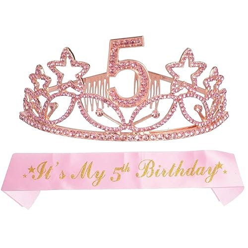 MEANT2TOBE Banda y tiara de cumpleaños número 5 para niñas, fabulosa banda con purpurina + estrellas de diamantes de imitación, tiara de metal