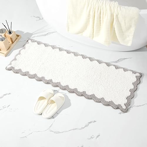 Miniatura 12 de ORTIGIA Alfombras de baño rosas con bordes ondulados, antideslizantes y lavables, tapetes de baño de microfibra suave y absorbente de secado rápido,