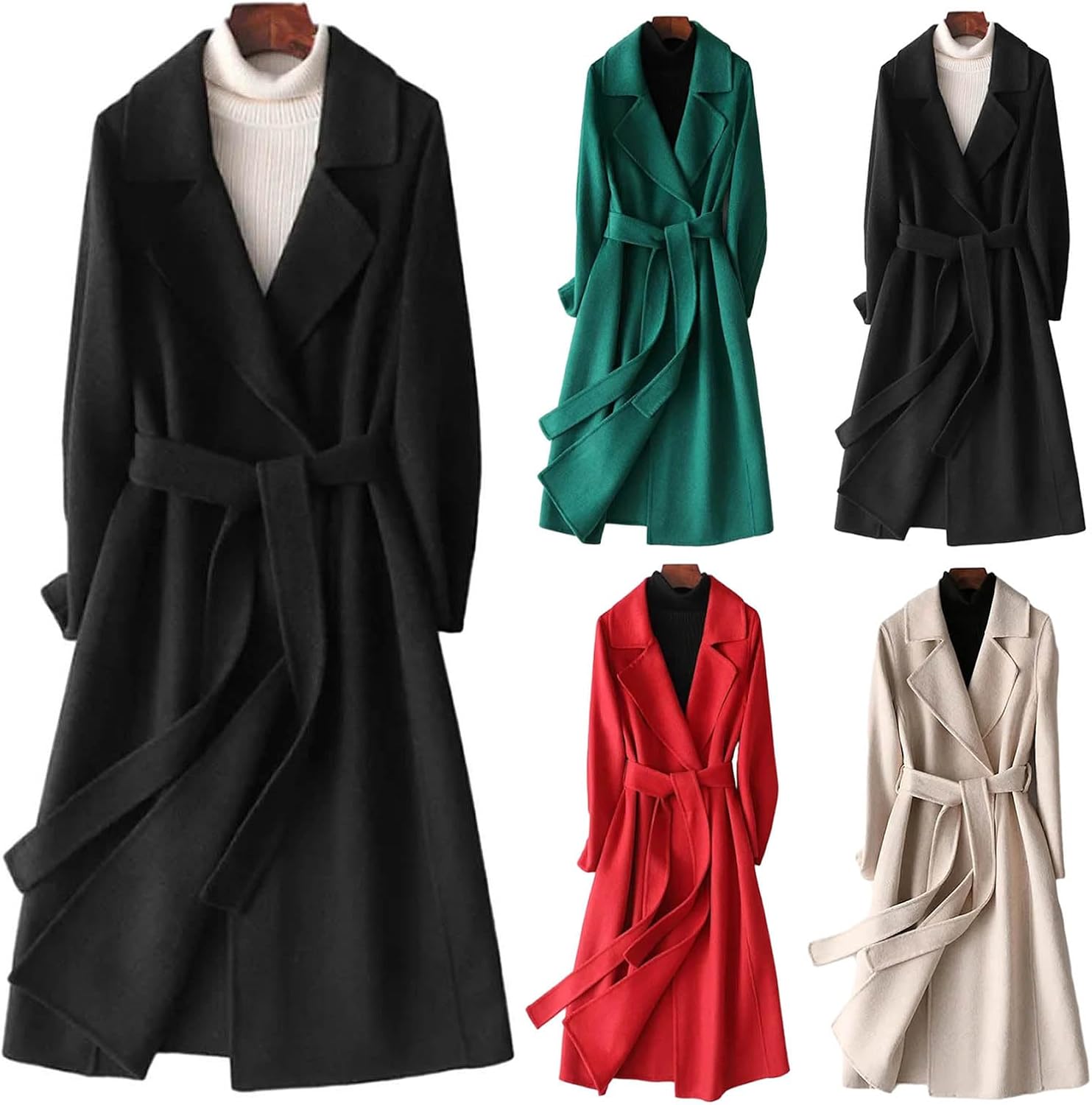 Women Winter Woolen Coat, Lapel Long Sleeve Coats for Women, Slim Fit Coat with Belt, Mid-calf Length Overcoat