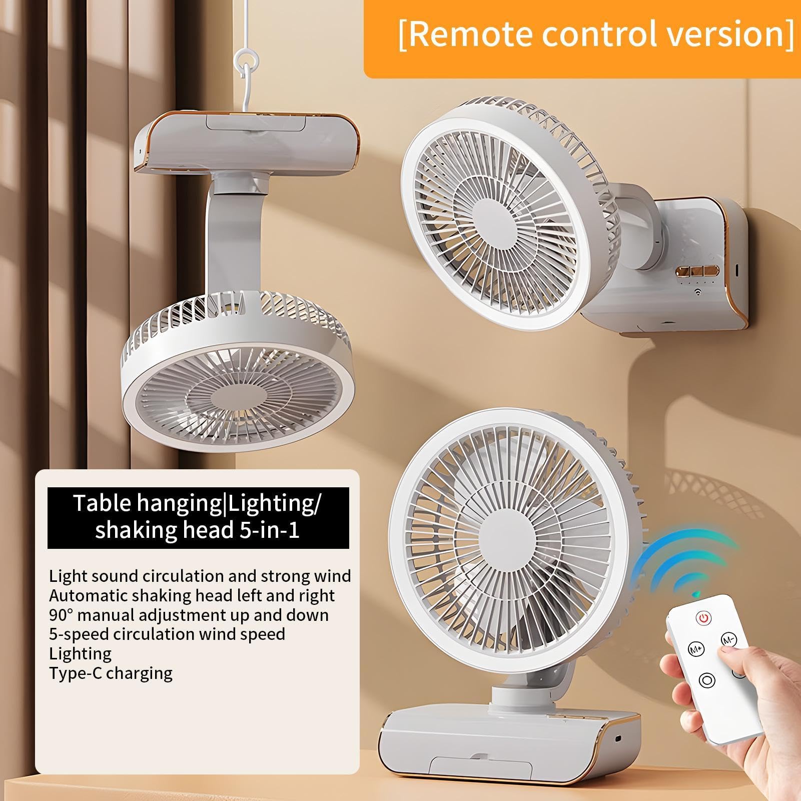 Ventilateur circulaire - Ventilateur mural à télécommande | oscille vers la gauche et la droite, 5 vitesses de vent, éclairage à 2 vitesses pour table de chevet, salon