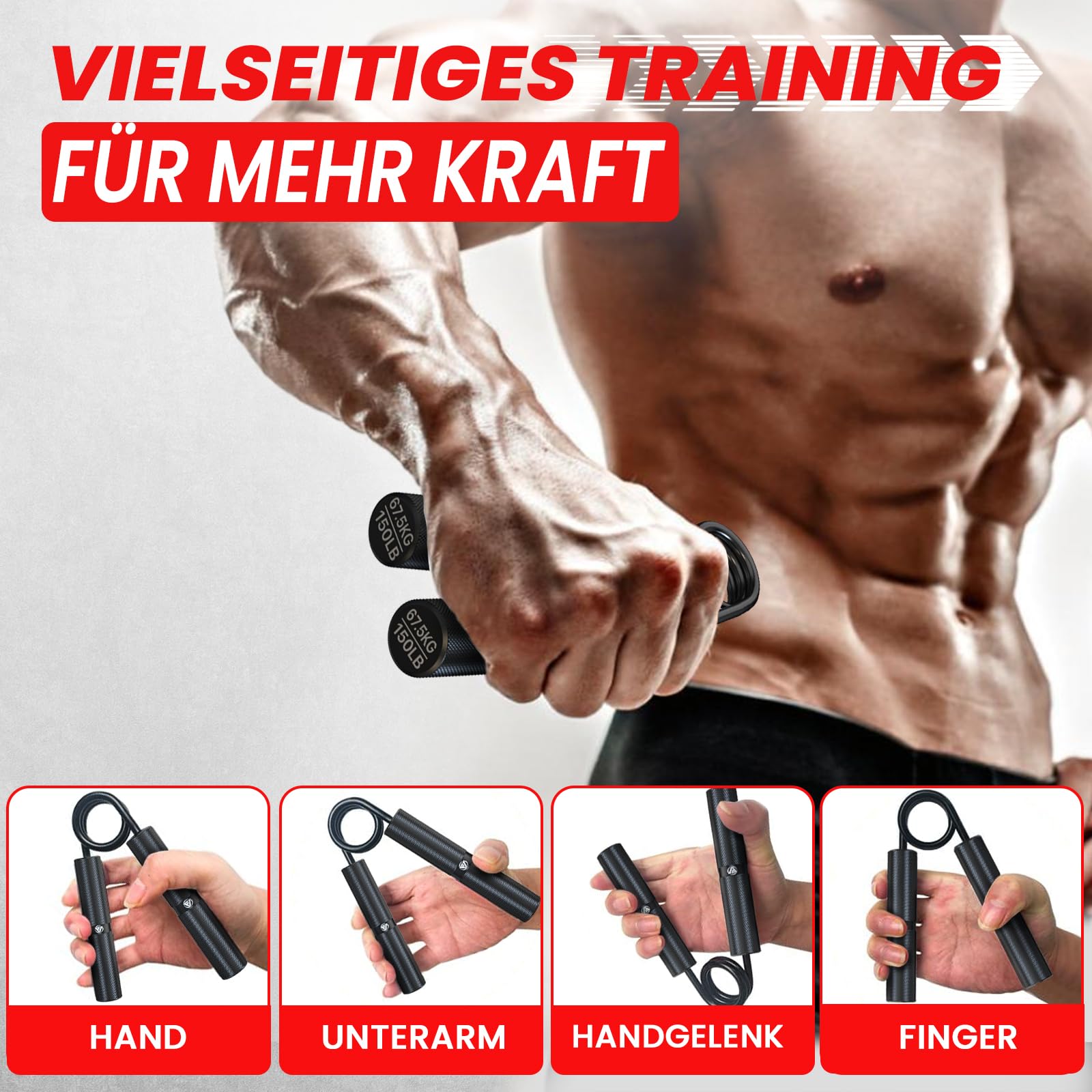 FUNFLEX Griffkraft Trainer 4er Set 22,5-90 kg Metall Handtrainer Fingertrainer Unterarmtrainer mit 8x Schaumstoff Griffhüllen Rutschfester Handgriff Stärker für Muskelaufbau Krafttraining Fitness