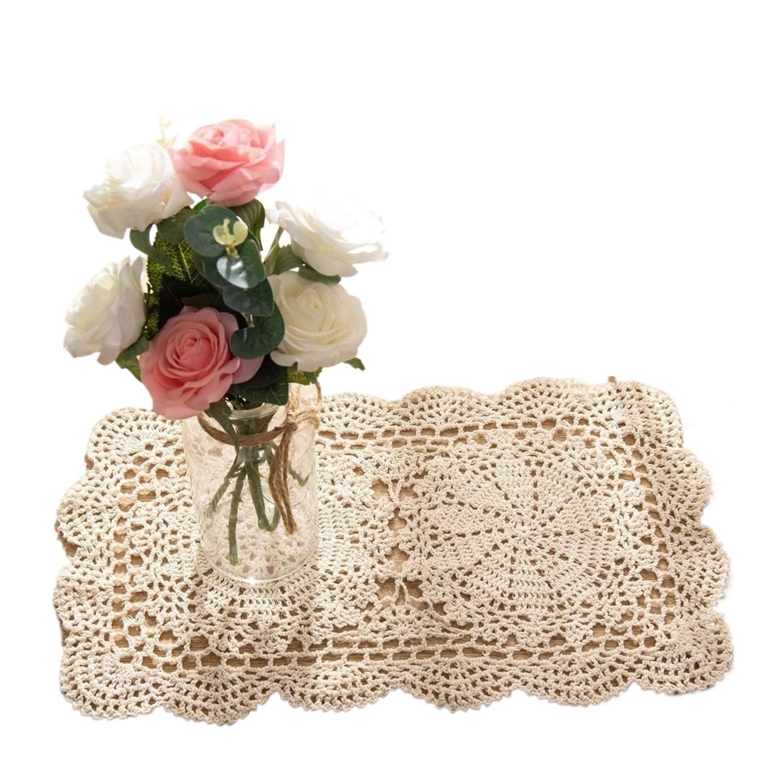 Cotton Coasters 2pcs Rectangle Crochet Lace Cotton Doily Handmade Table Coaster Placemat(Beige)