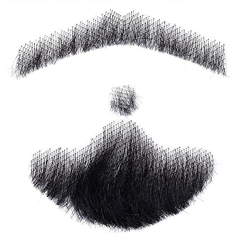 CliCling Barba falsa de cabello humano, barba facial negra y bigote para adultos y hombres, adecuada para películas, maquillaje, fiesta de cosplay