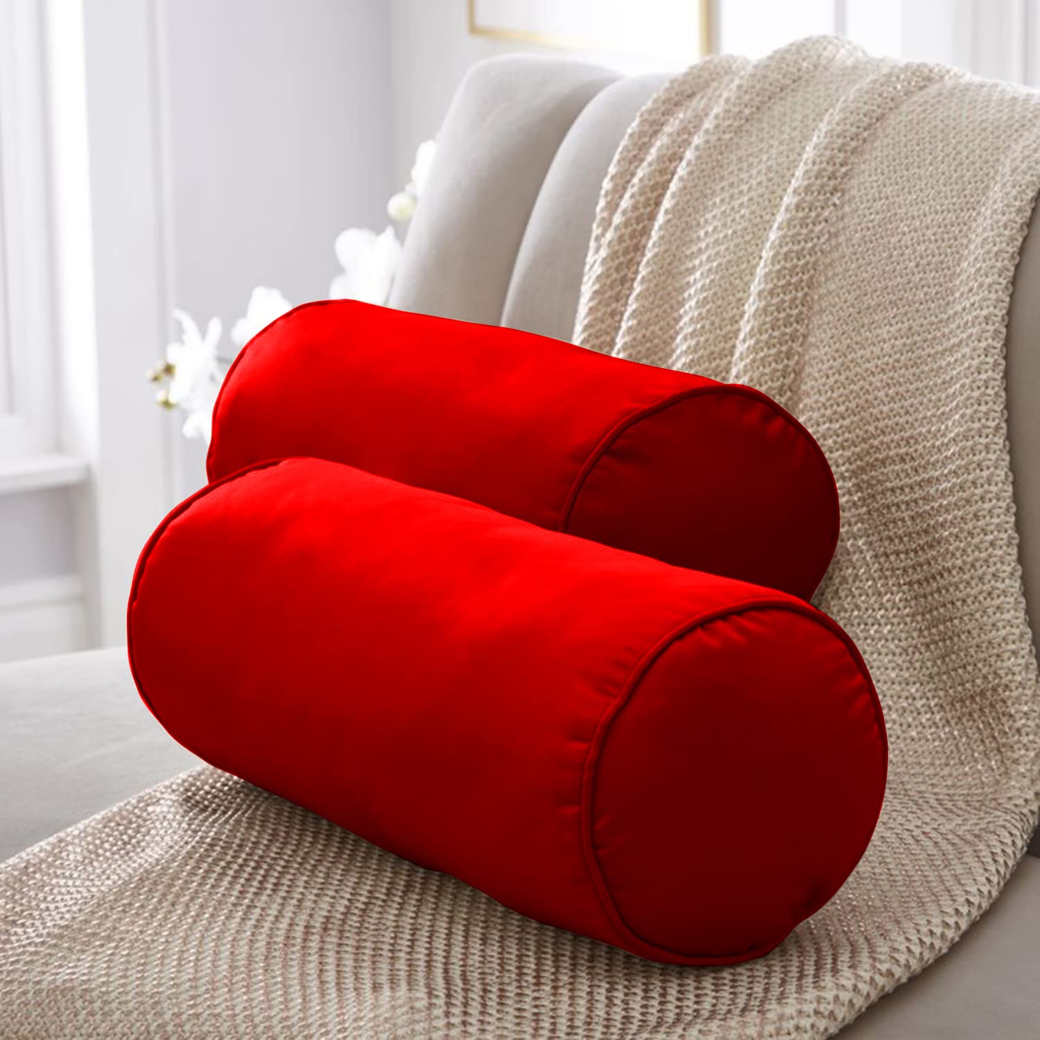 MeeFactory Velvet Round Bolster Pillow Diwan Pillow Set Soft, 24 X 8