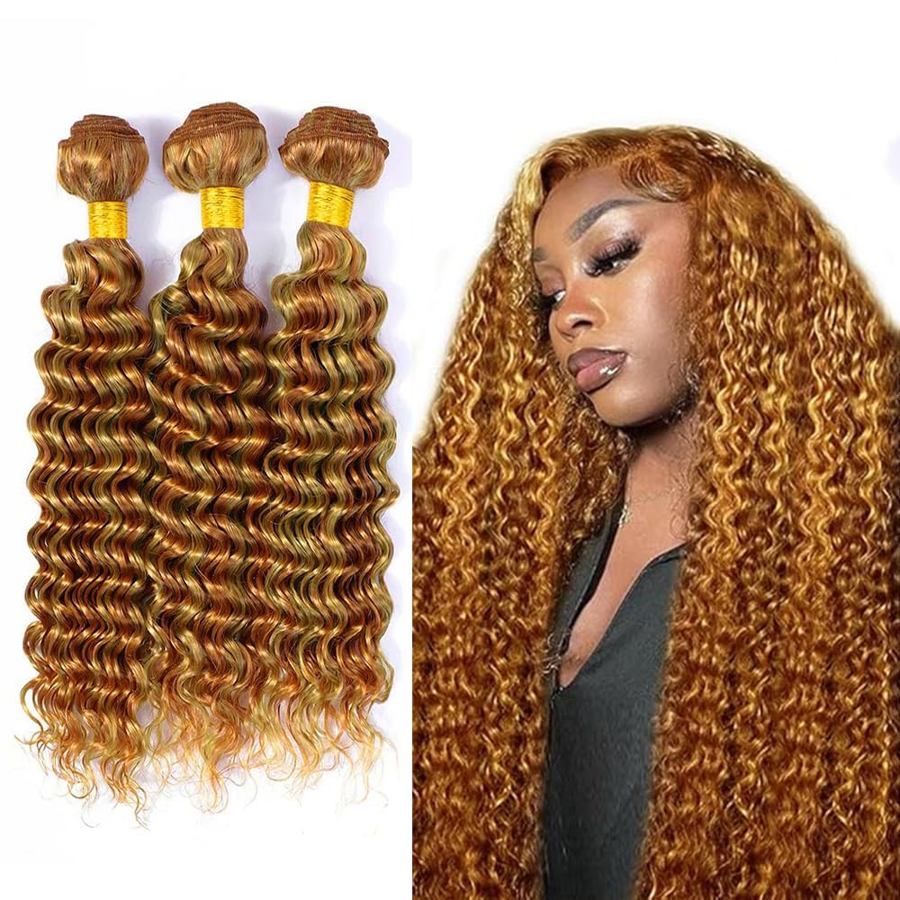 Light Brown & Honey Blonde Mixed Human Hair Bundles - Deep Wave, Two Tone, Double Weft Hair Weave - 22, 24, 26 inch
