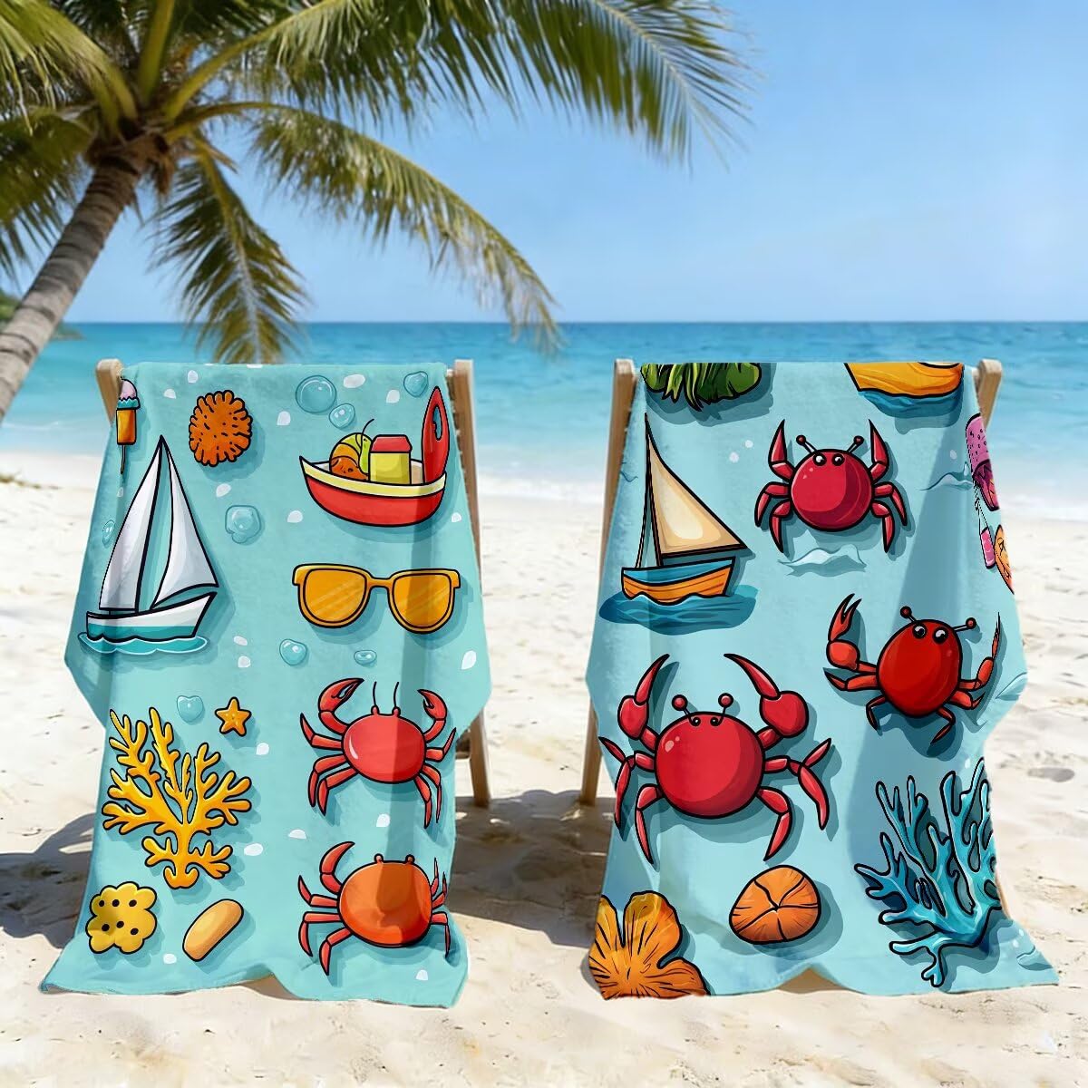 Serviette de Plage Microfibre, Lot de 2 Serviette de Bain Grande Taille 90x180 cm, Séchage Rapide Drap de Bain Crabe, Anti Sable Serviettes de Plage, Serviettes Microfibre Sport pour Travel -4778