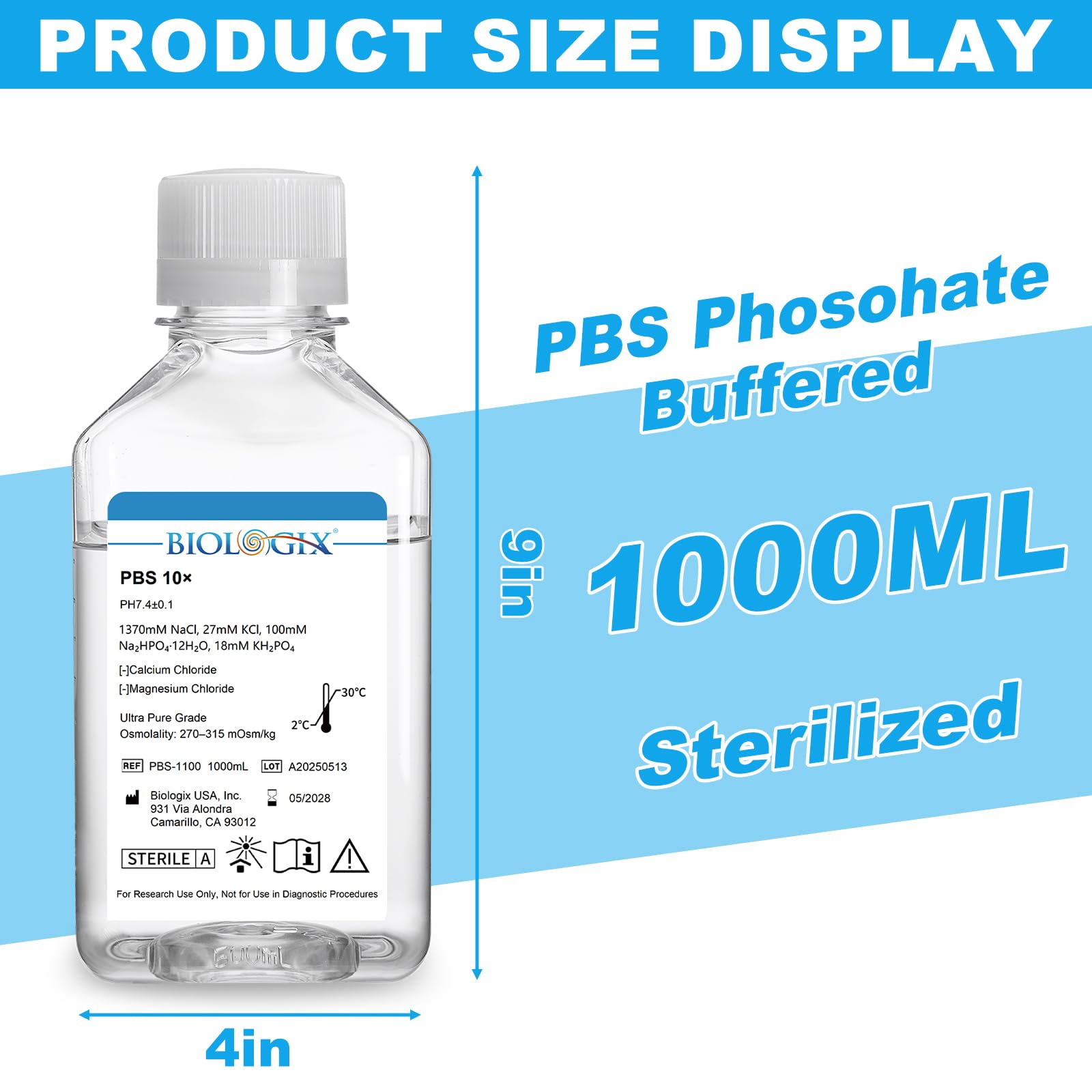 6 pezzi 1000 ml di soluzione tampone di fosfato, soluzione tampone PBS, filtrazione 0.1um, 7.4 PH, 10 concentrati, sterilizzazione, 1000 ml/flacone (6 pezzi da 1000 ml)