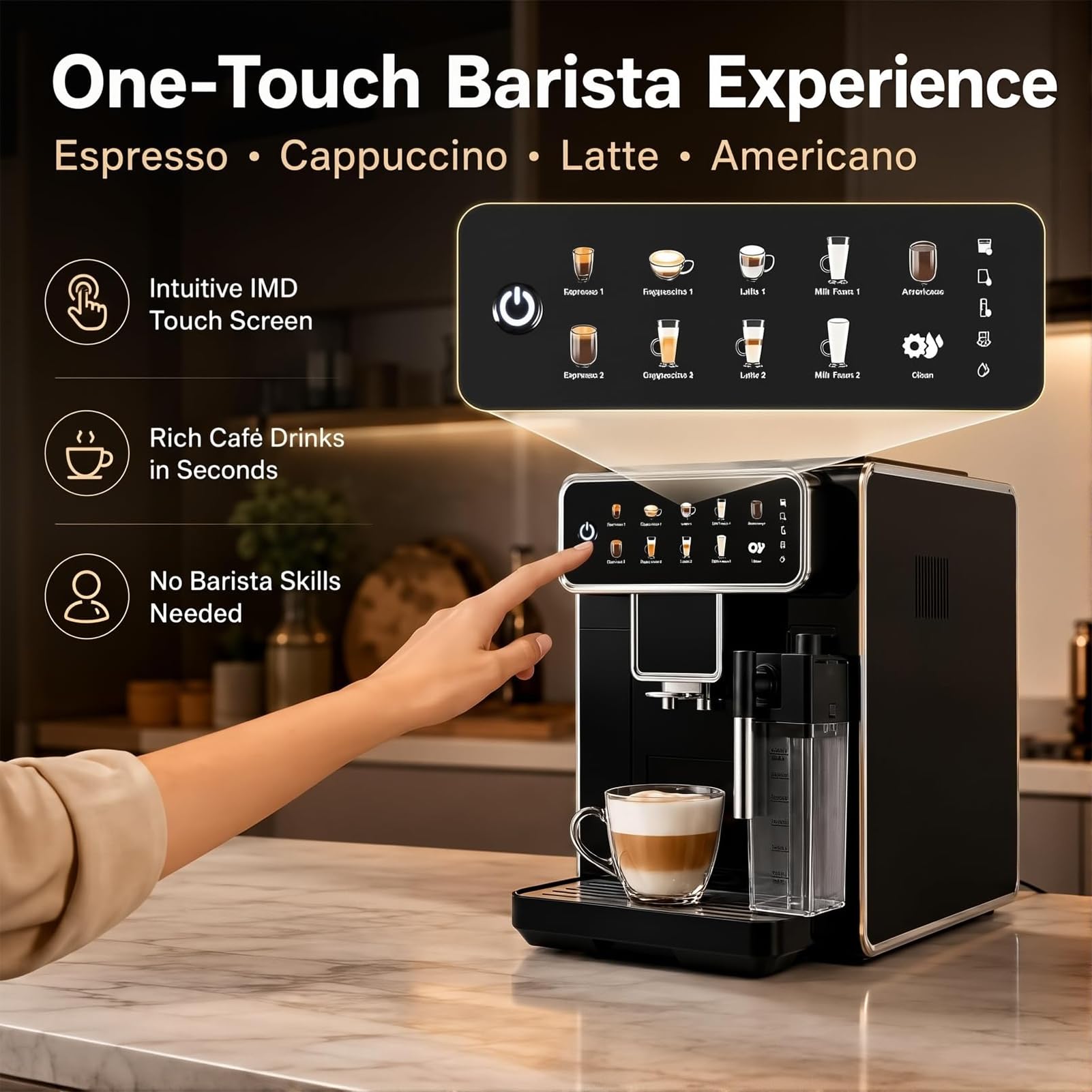 Máquina De Café Espresso Con Bomba De 15 Bares Y Espumador De Leche Con | Cafetera Espresso Automática Con Molinillo De Granos Calentamiento De 1350W Depósito De Leche Sistema De Limpieza(A)