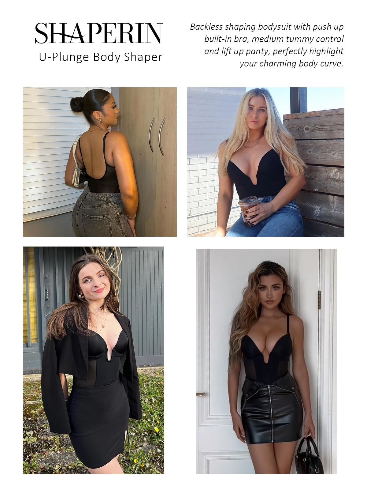 SHAPERIN Body Sculptant Femme Dos Nu Gaine Ventre Plat Amincissante Shapewear Body Push Up Gainant Invisible avec Soutien Gorge
