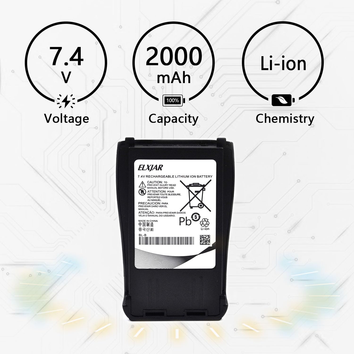 elxjar (2-Pack) 7.4V 2000mAh Li-ion Replacement Batteries Compatible with UV-B Series Radios, UV-B5, UV-B6 Two-Way Walkie Talkies, Model BL-B - Image 3