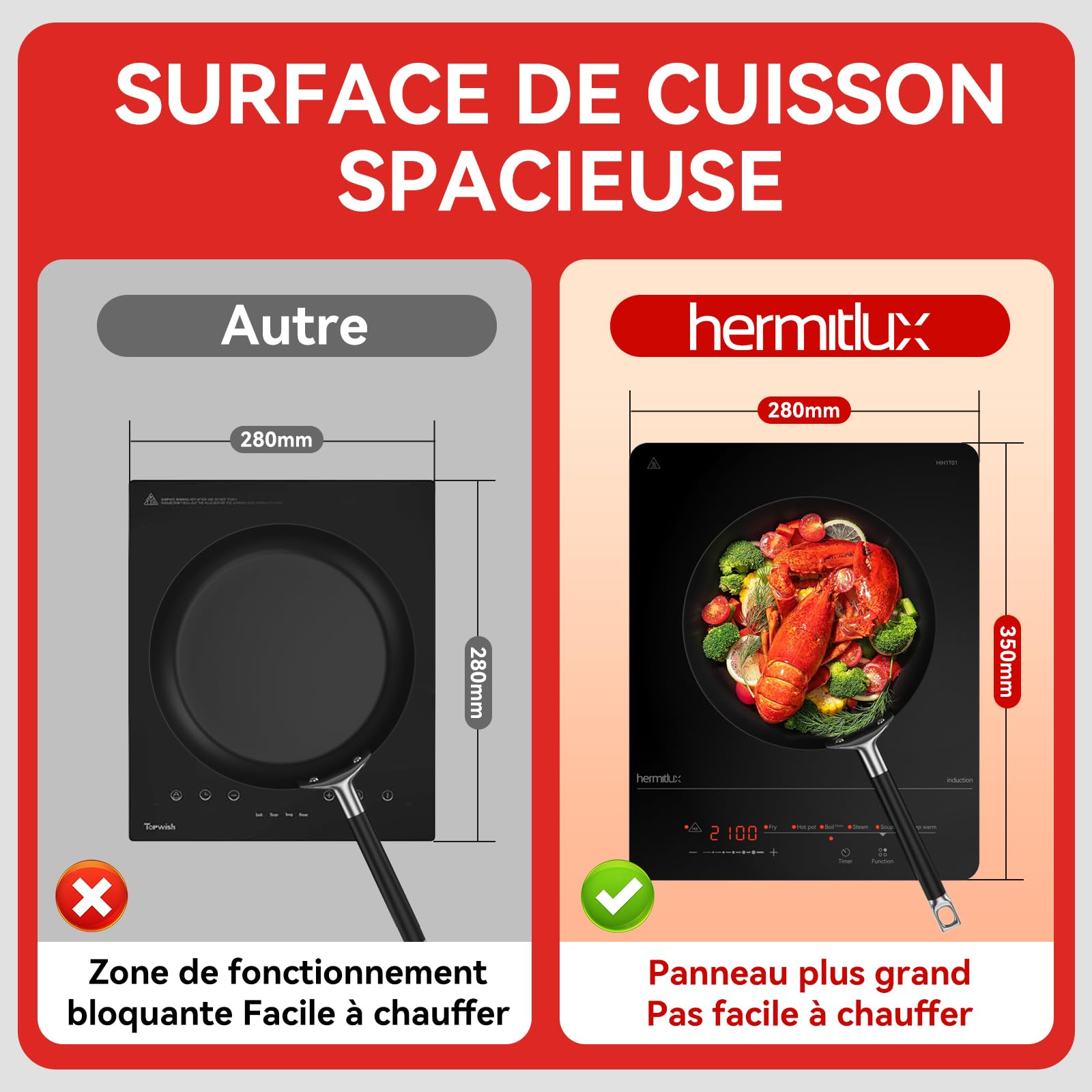 Hermitlux Plaque à Induction 1 Feu Portable 2100W 6 Programme 28CM Sécurité | 9 Puissances,Minuterie & Maintien au Chaud, Taille Compacte pour Cuisine, Bureau