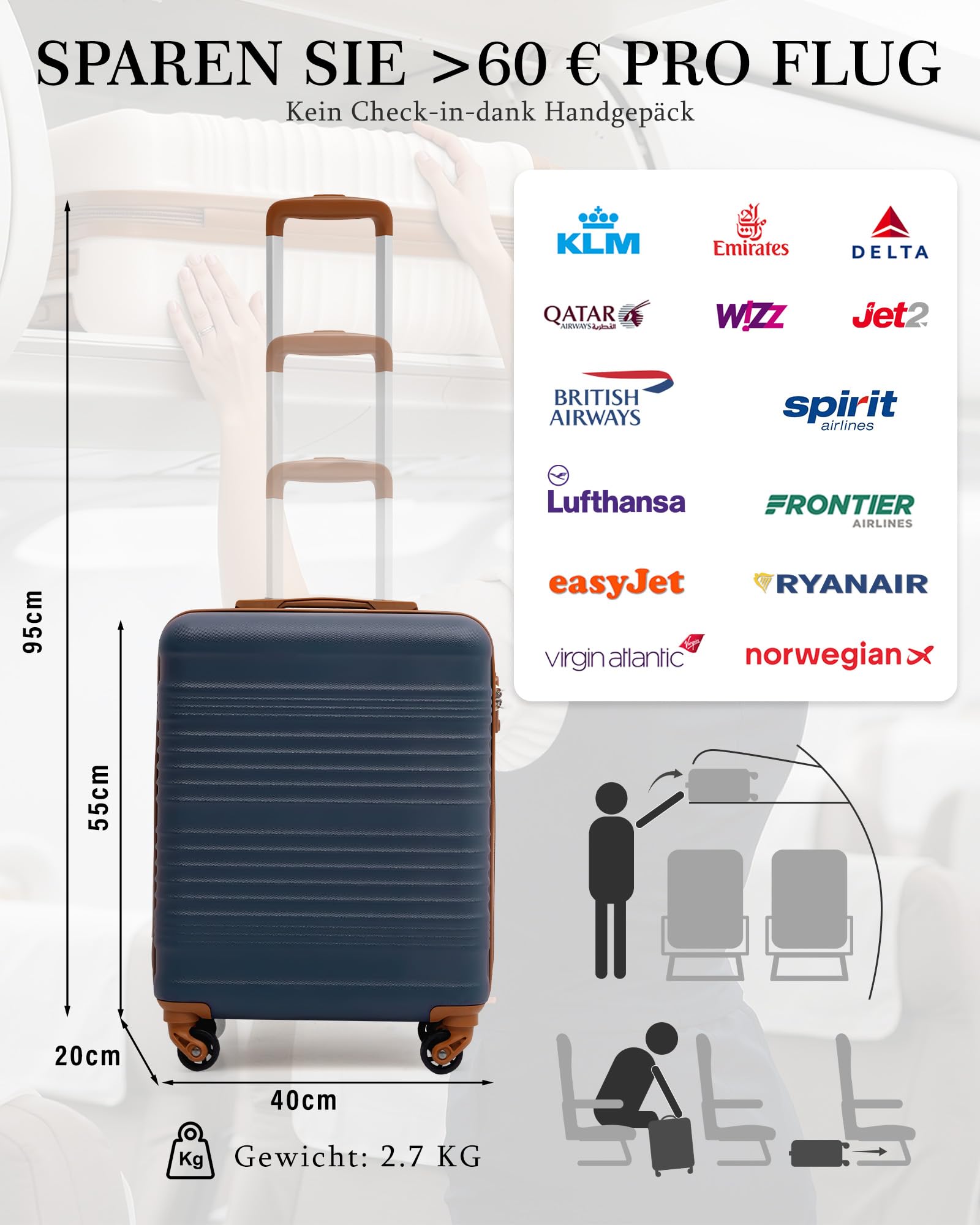 COOLIFE Ryanair Kabinenkoffer 55x40x20 EasyJet Handgepäck Koffer TSA