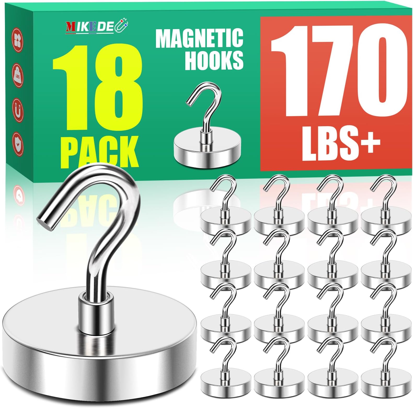MIKEDE Magnetic Hooks, Strong Magnets Hooks Heavy Duty, Extra Strong Cruise Hook for Hanging, Industrial Metal Refrigerator Hooks for Cruise Cabins, Fridge, Kitchen, Grill 18 Pack 170lbs