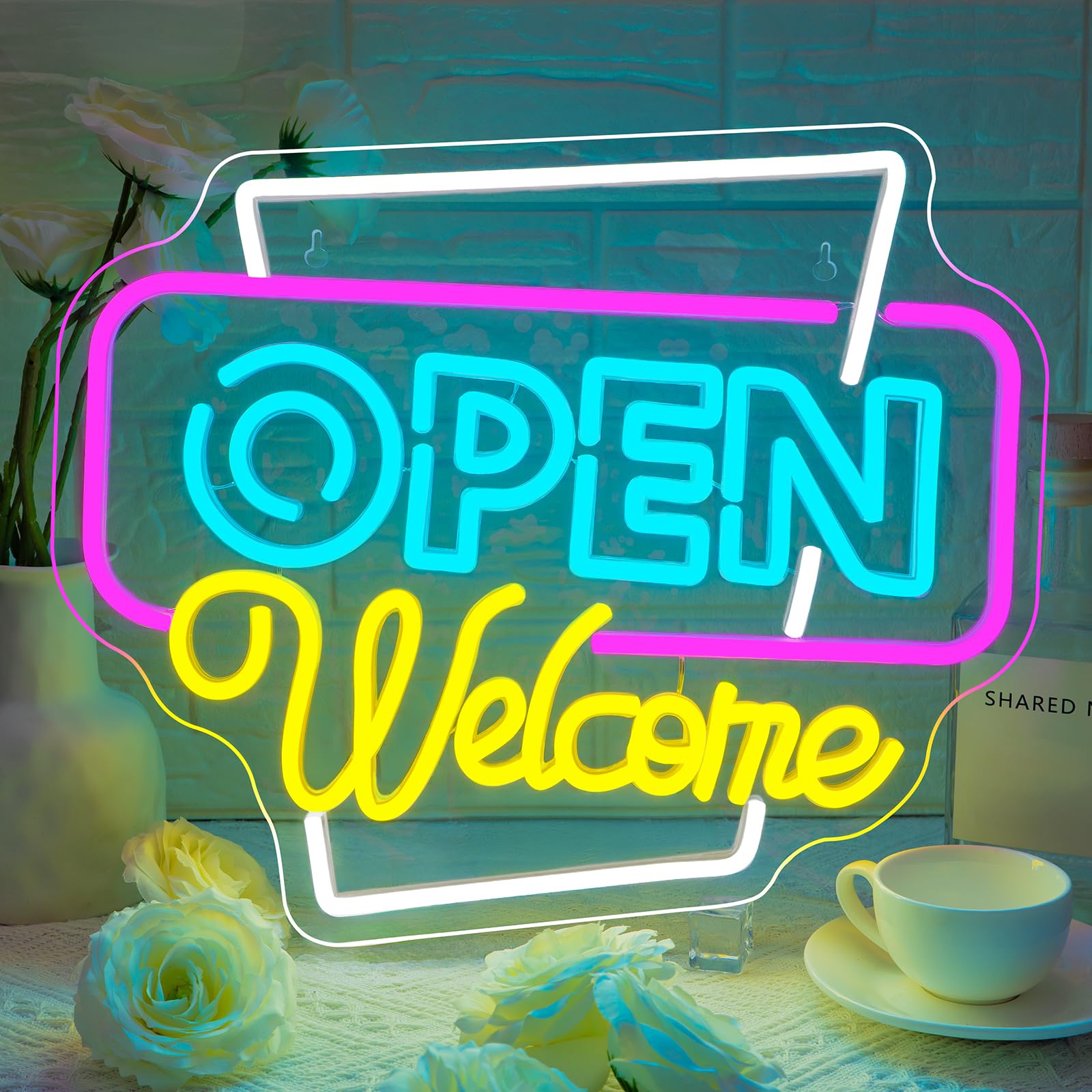 Horseneon Letrero de neón abierto de bienvenida Letrero LED abierto Letreros de neón abiertos coloridos Letreros de neón USB Letrero LED abierto ultrabrillante para tienda de negocios Ventana Bar