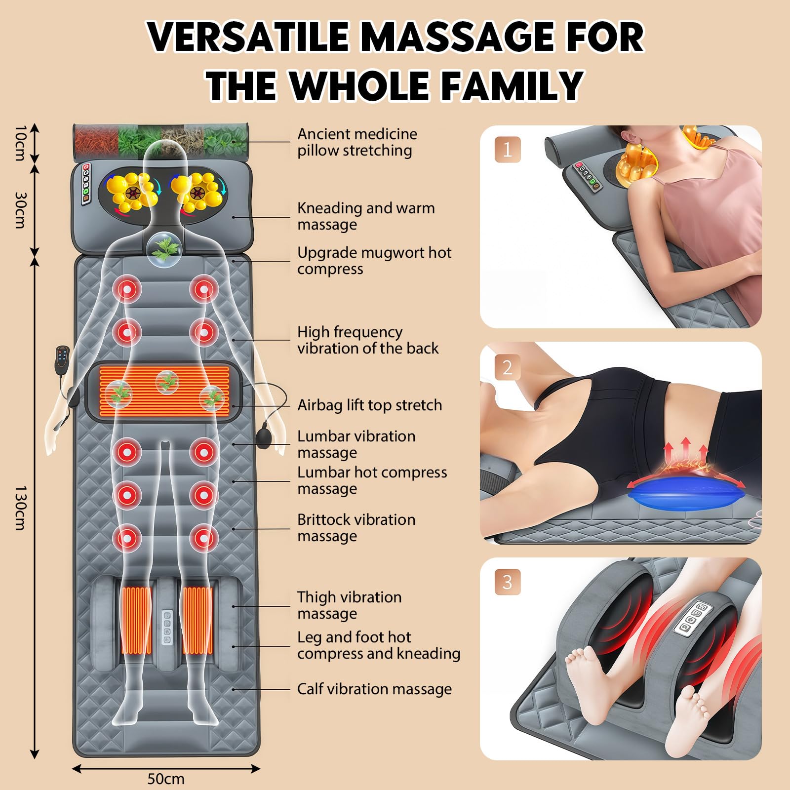 Alfombrilla de masaje para todo el cuerpo, con función de calentamiento, 9 modos de masaje y 9 modos de velocidad, cojín de masaje con reposacabezas extraíble y dispositivo de masaje multifunción para