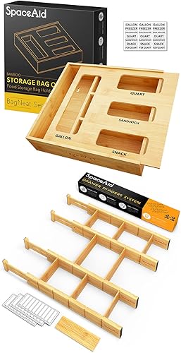 SpaceAid Organizador de almacenamiento de bolsas (1 caja con 4 ranuras), divisores de cajones de bambú SpaceAid con insertos