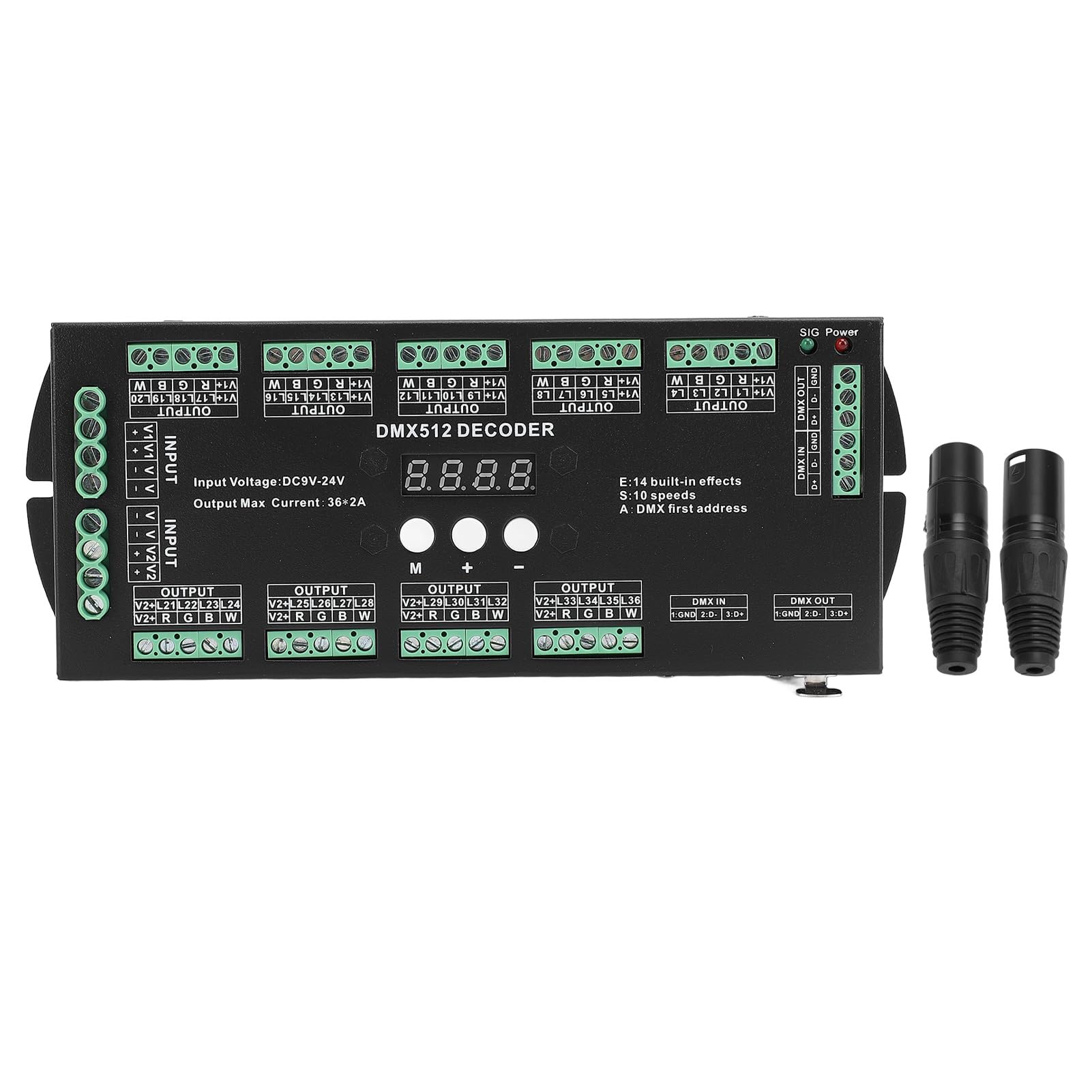 Focket Kontroler DMX, Dekoder RGBW z Wyjściem 36CH 2A, Kontroler Taśm LED z 14 Wbudowanymi Trybami Testowymi Cyfrowy Wyświetlacz Adresowy dla Taśm LED RGBW Moduł Światła Oświetlenie Sceniczne