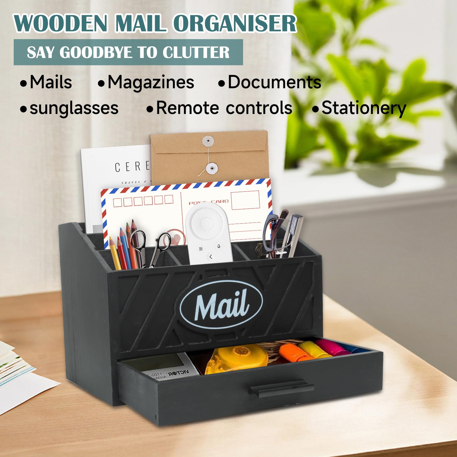 Organizzatore di Posta da Scrivania in Legno con 6 scomparti e cassetto, Organizzatore per Cartelle di Carta e Lettere, Organizer per Cartelle per Scrivania per Lettere Cancelleria, Nero