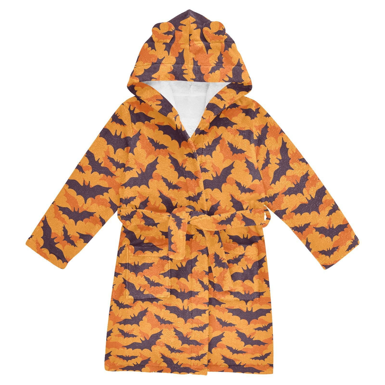 WIFIU Toddler Baby Hooded Bathrobe for Boys Girls Flying Black Bat Silhouettes Printed, Soft Plush Bath Towel Robe with 2 Pockets Halloween Orange for 7-9 Years