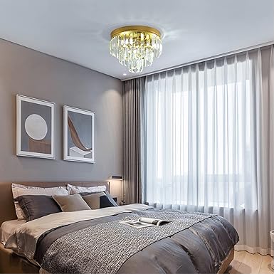 Pageone Moderne Crystal Plafondlamp Crystal Kroonluchter Ronde Clear Crystal Hanger Lamp Plafondlamp Slaapkamer Verstelbare basis G9×4 Voor Hal Balkon Keuken Woonkamer Decoratieve Ø30cm,Goud photo 3