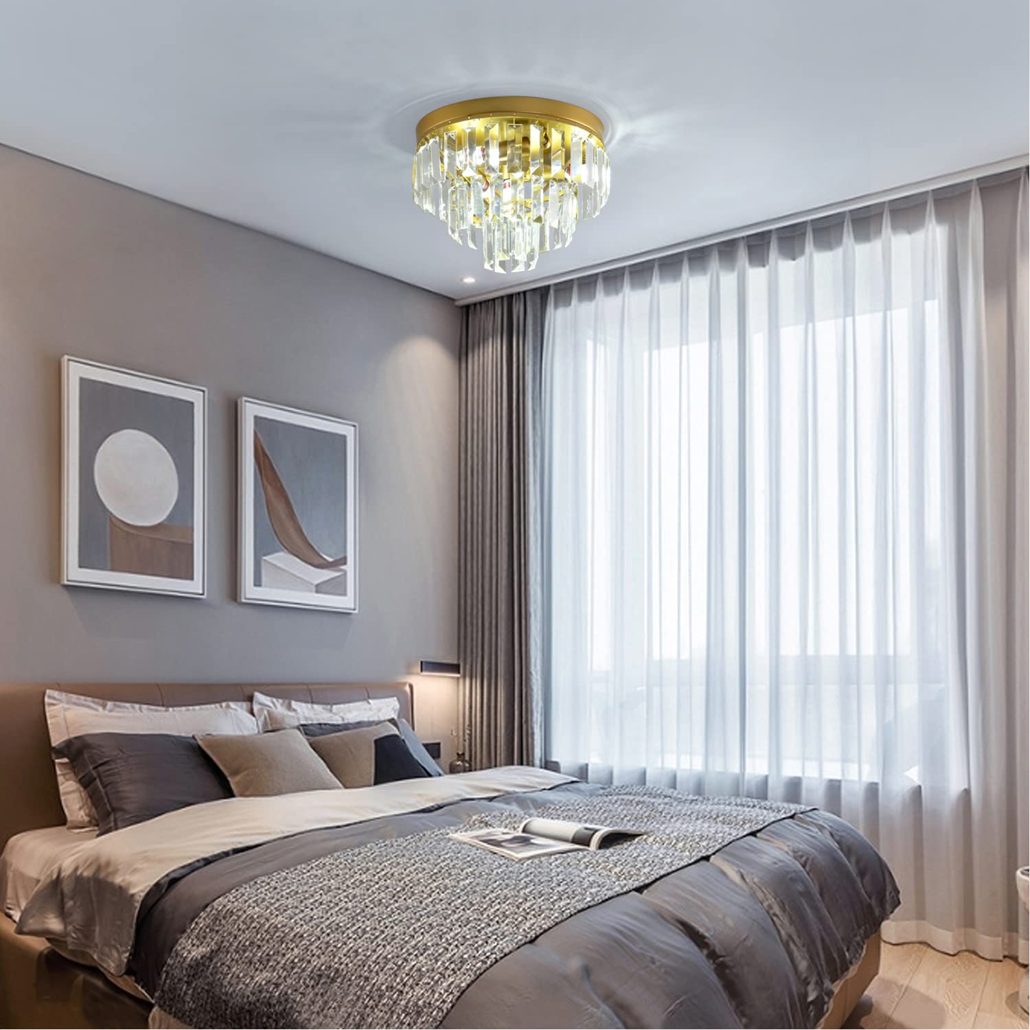 Moderne Crystal Plafondlamp Crystal Kroonluchter Ronde Clear Crystal Hanger Lamp Plafondlamp Slaapkamer Verstelbare basis G9×4 Voor Hal Balkon Keuken Woonkamer Decoratieve 30cm,Goud