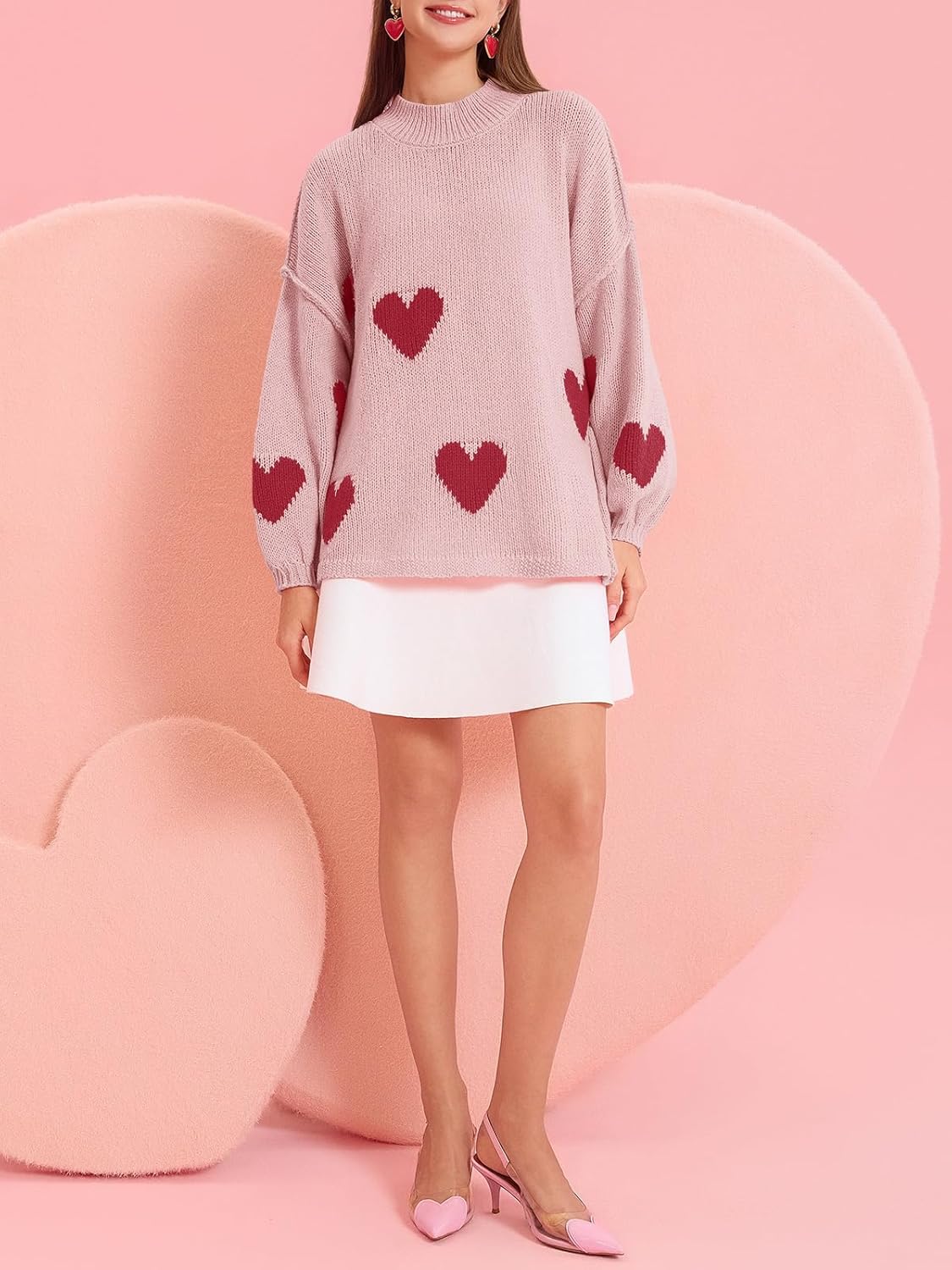 Saodimallsu Womens Oversized Heart Sweater Valentines Cute Mock Neck Chunky Knit Long Sleeve Tunic Sweaters