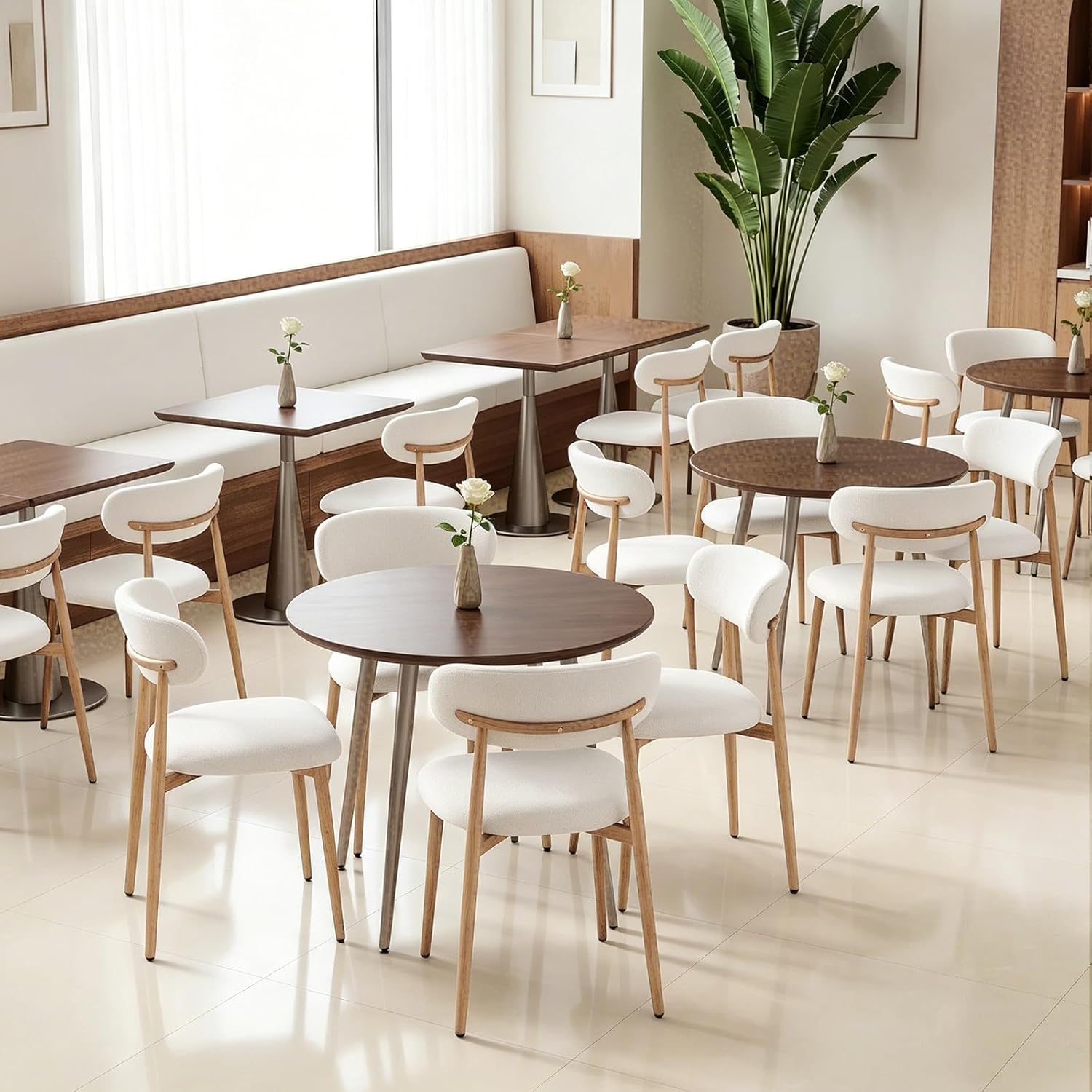 Furniliving Mid Century Modern Dining Chairs Set of 2, 300 lbs Capacity Upholstered Linen Kitchen Chairs with Natural Wood Grain Metal Legs and Ergonomic Curved Back, Beige