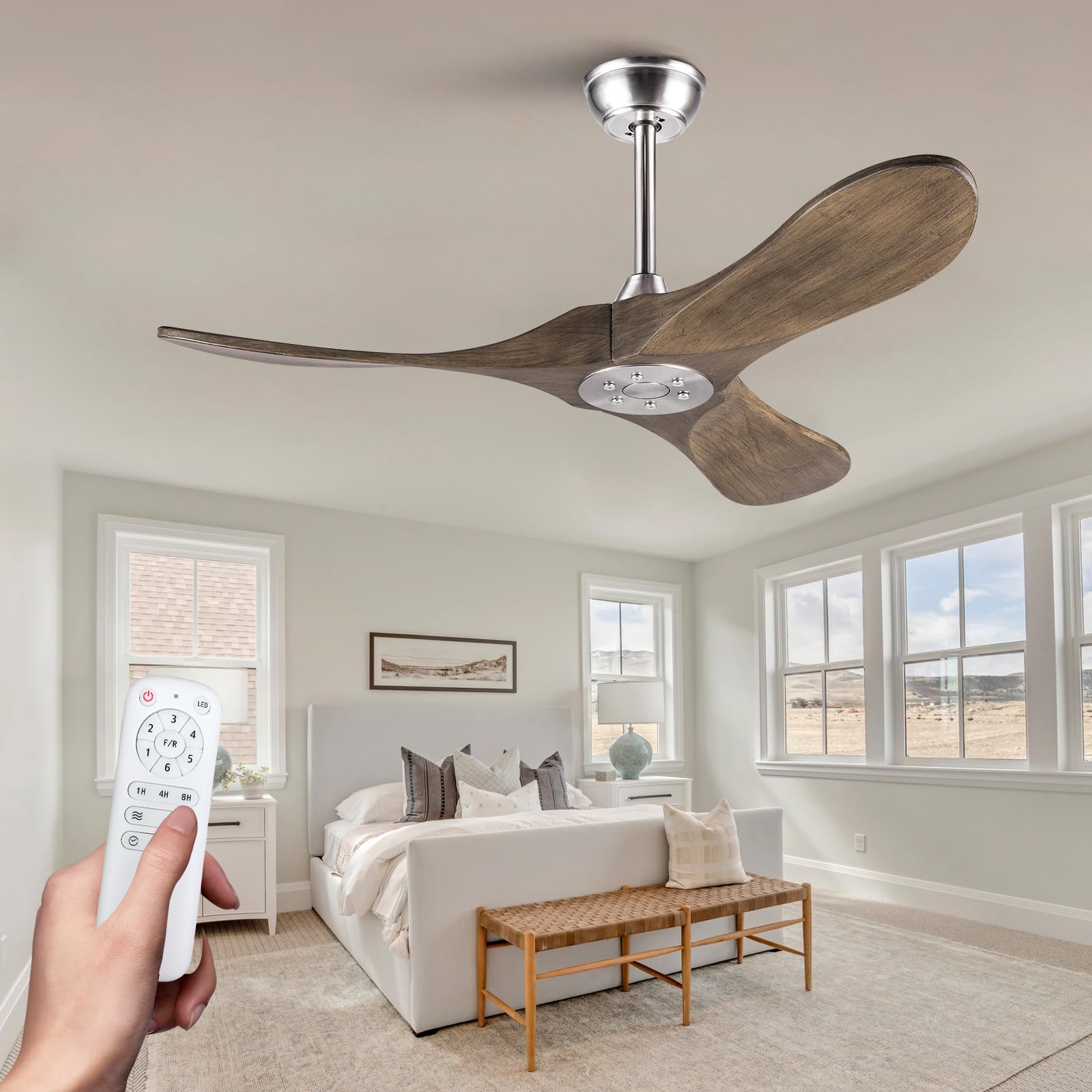 OMYU 42 Inch Solid Wood Ceiling Fan with Remote,Outdoor Ceiling Fan no Light,6 Speeds,Noiseless,Reversible DC Motor,Modern Ceiling Fans without Lights