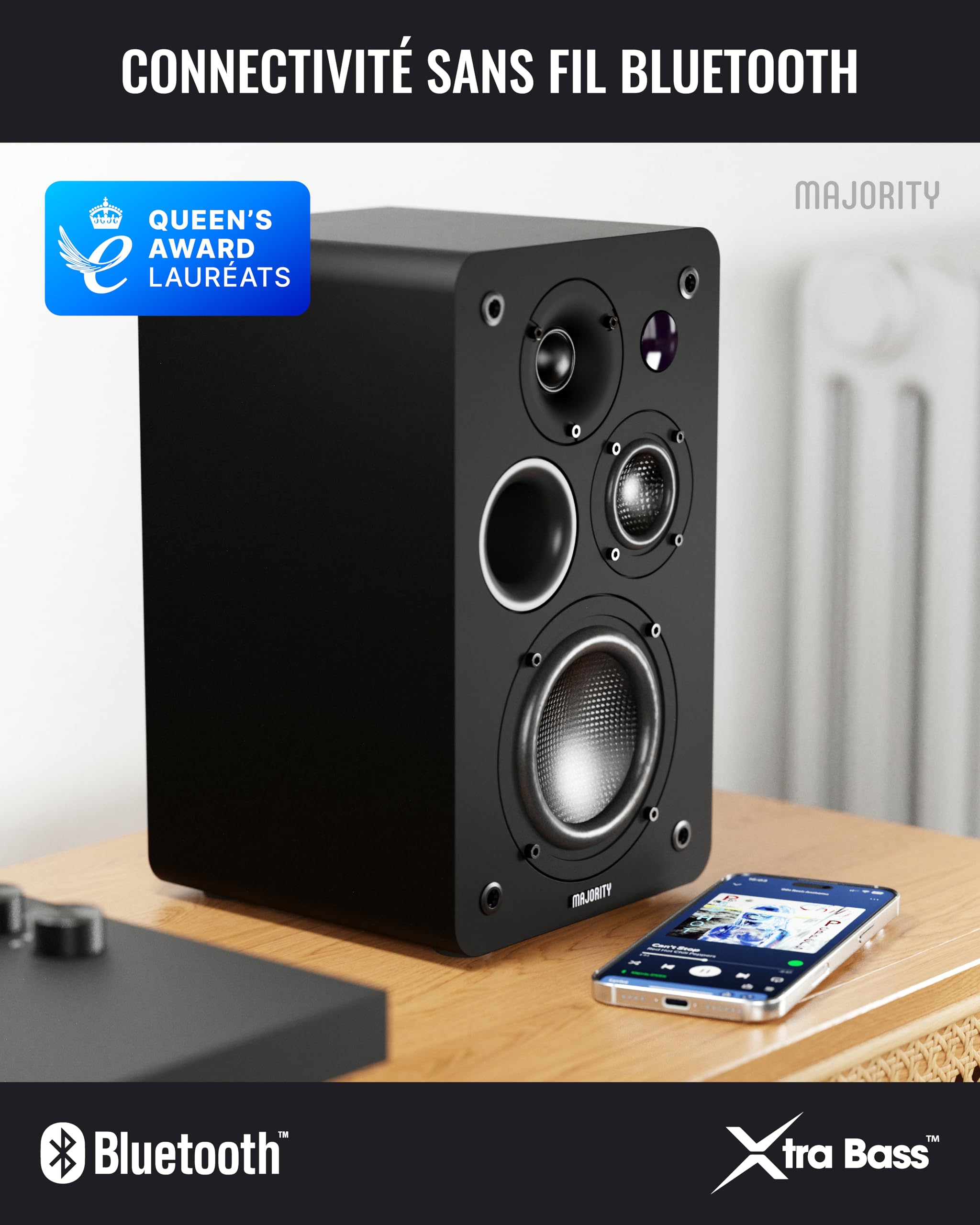 Majority D100X Enceintes Bibliotheques Active | Enceinte HiFi Système Stéréo 2.0 | 100W | Bluetooth 5.3 | HDMI Arc, Phono, RCA & AUX | TV, PC & Platine Vinyle (Noir)
