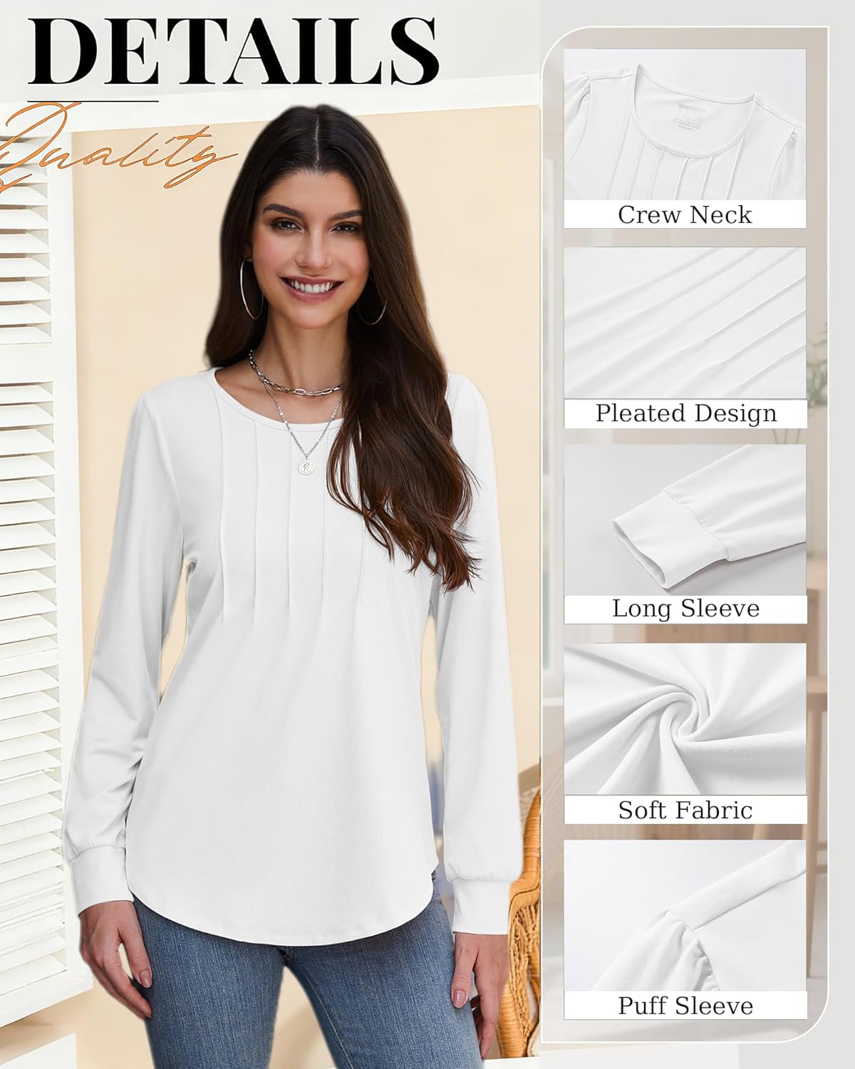 YUCOLEN Long Puff Sleeve Shirts for Women Pleated Crew Neck Tunic Tops Blouses Dressy Casual Fall Tops - Image 4