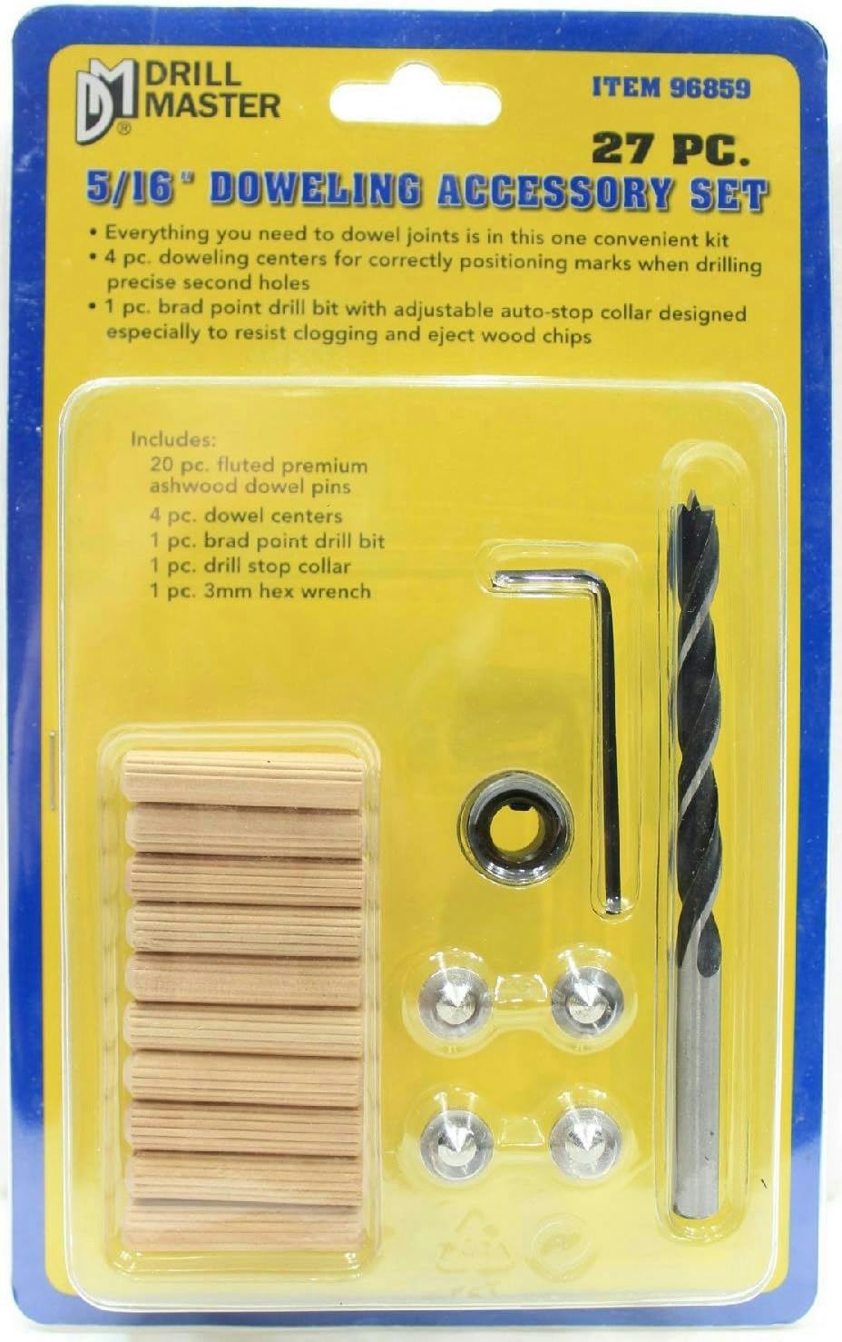 27 Piece 5/16 Inch Doweling Accessory Set With Wood Dowel Pins Centers Brad Point Drill Bit Stop Collar & 3 mm Hex Wrench