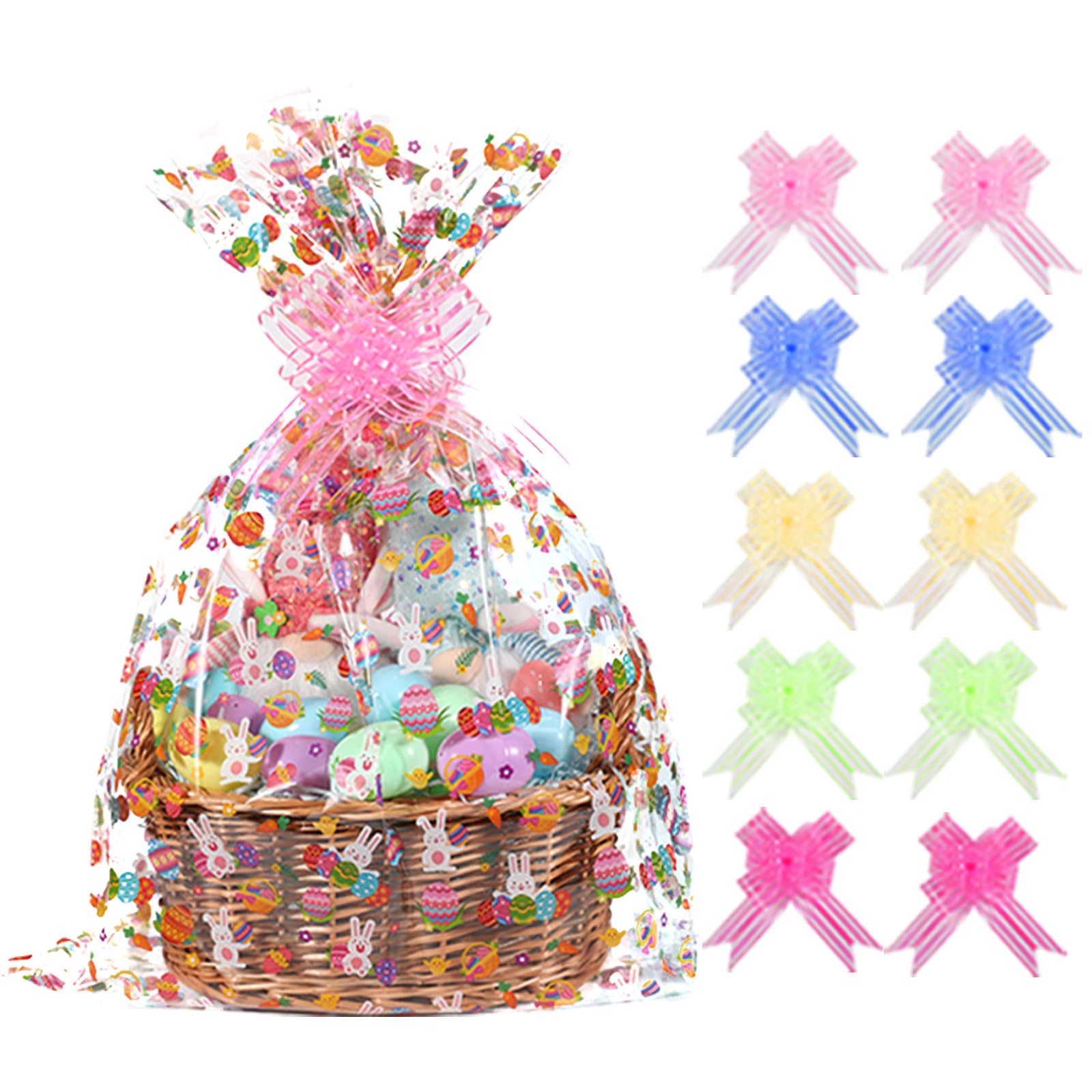 shareluck 10 pack Easter Plastic Wrap Bags 22" x 32" Bunny Eggs Bags Large Cellophane Wrap for Gift Baskets - 2.5Mil - Plastic Easter Cello Bag - with 10 Pieces Pull Bow