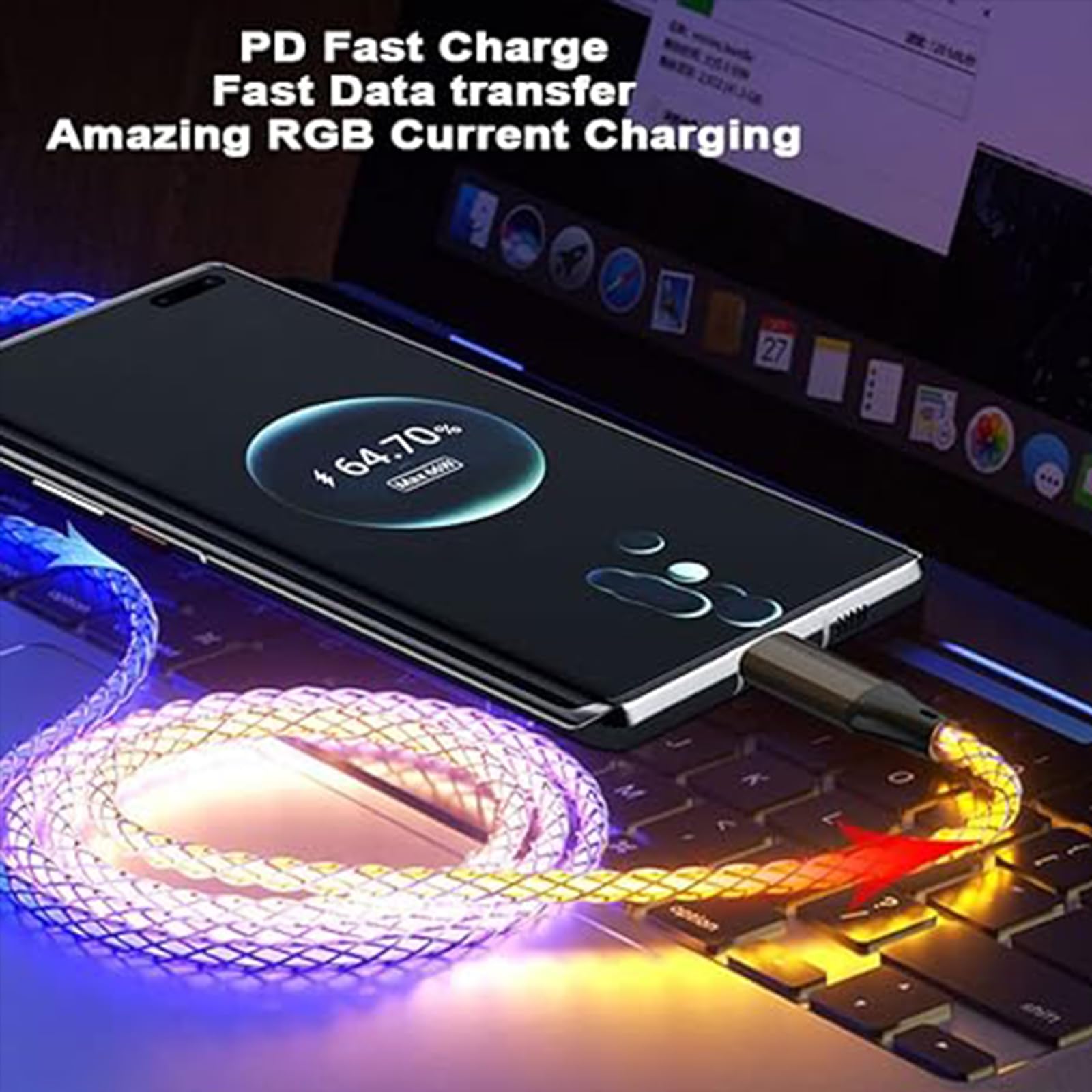 USB C auf Typ C LED beleuchtetes RGB USB C Ladekabel Schnellladekabel für iPhone 15 Pro Max Plus, iPad Mini Pro Air, MacBook und Galaxy Note Pixel usw. (66 W 91 cm)