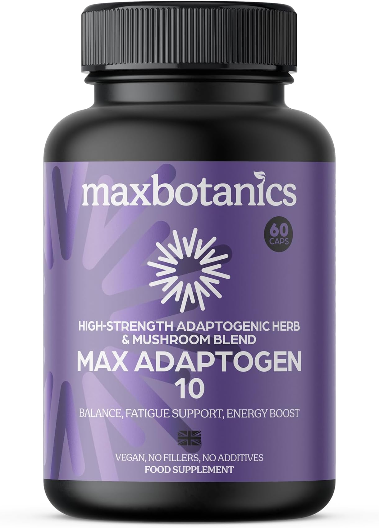 Max Adaptogen 10 Balance, Fatigue, Energy Boost & Stress Support 10-Herb Adaptogen High Strength Mushroom Blend with Ashwagandha, Rhodiola & Ginseng Natural Vegan UK Made (60 Capsules)