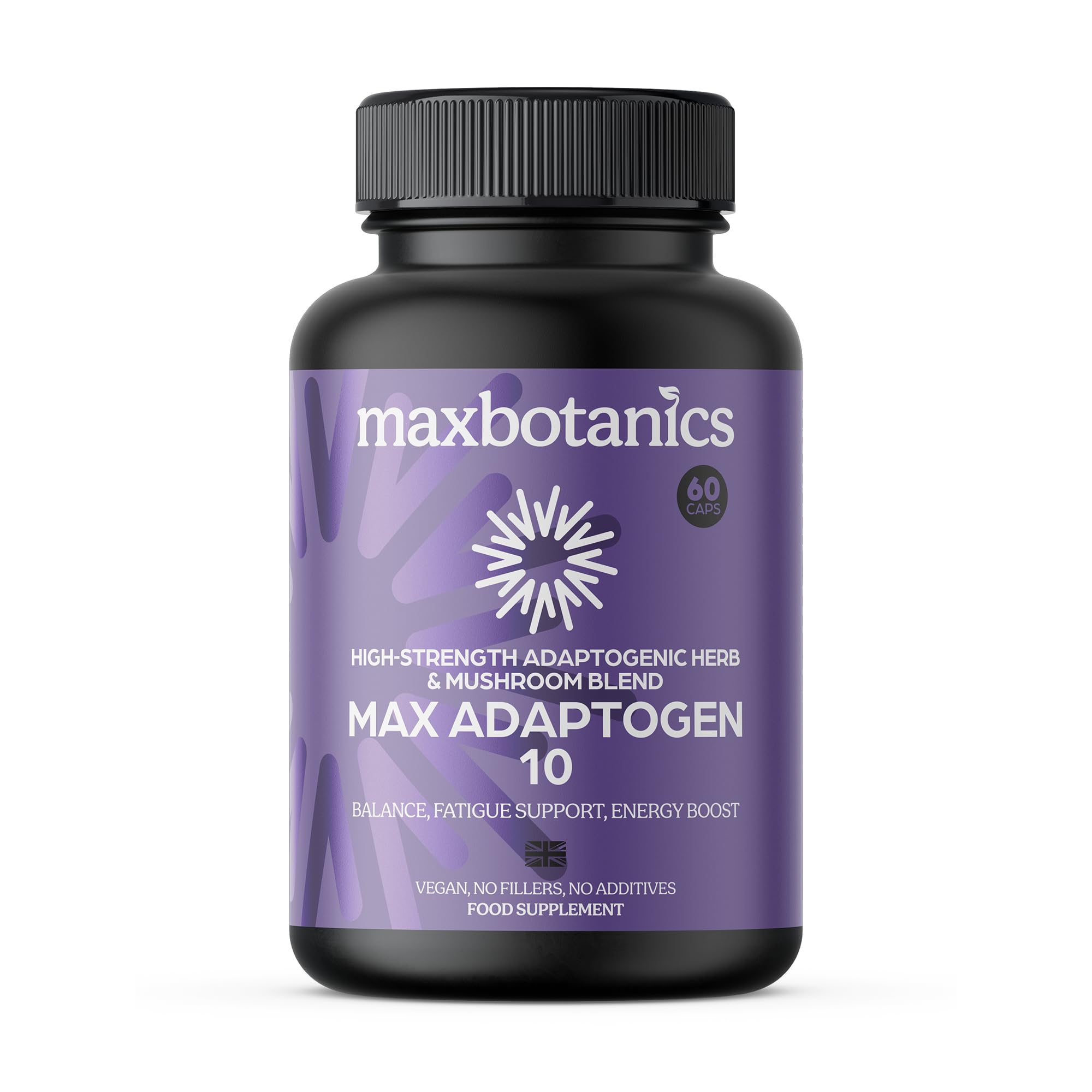 Max Adaptogen 10 Balance, Fatigue, Energy Boost & Stress Support 10-Herb Adaptogen High Strength Mushroom Blend with Ashwagandha, Rhodiola & Ginseng Natural Vegan UK Made (60 Capsules)