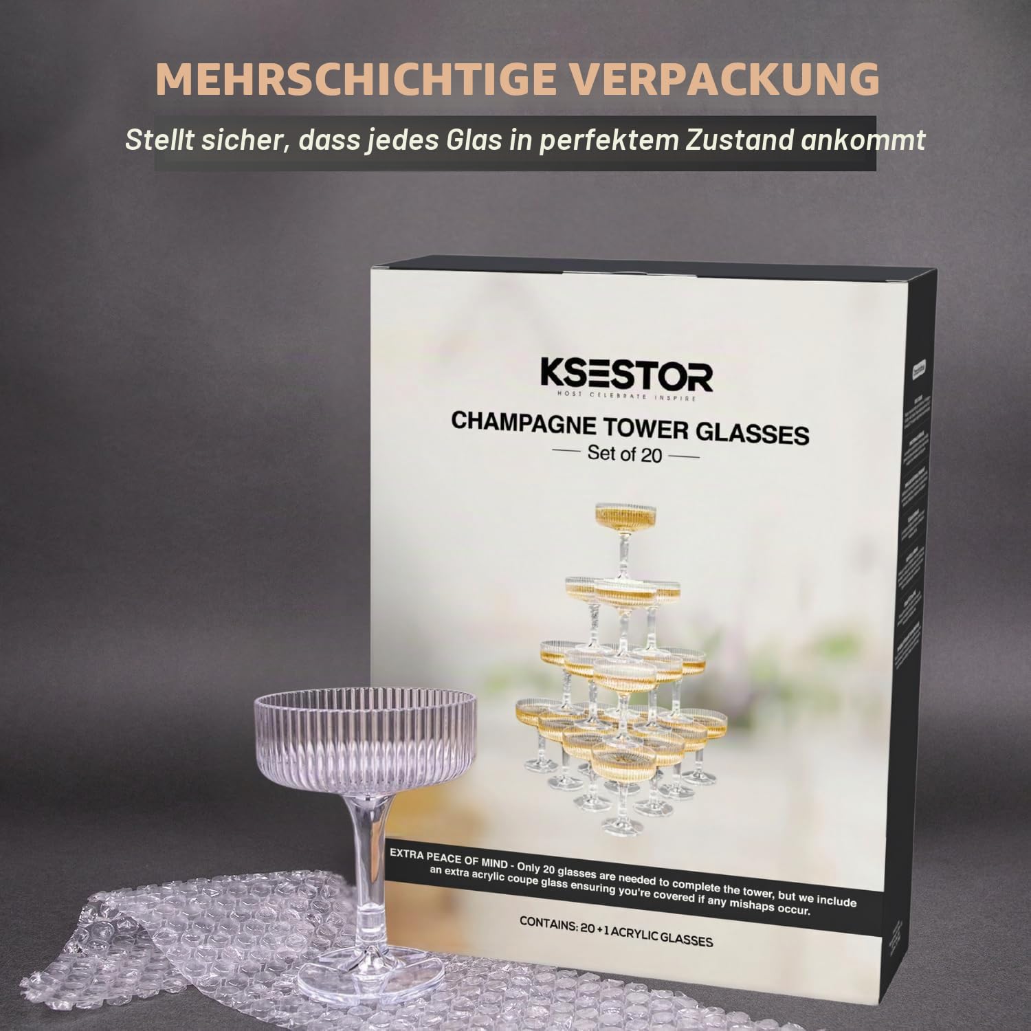 Ksestor Champagne-Turm – 21-teiliges Set aus 7oz Kunststoff Champagner-Coupes – Klar | Stapelbare Champagnergläser für Hochzeiten, Partys, Events und Gastgeber - Bruchfest - BPA-frei