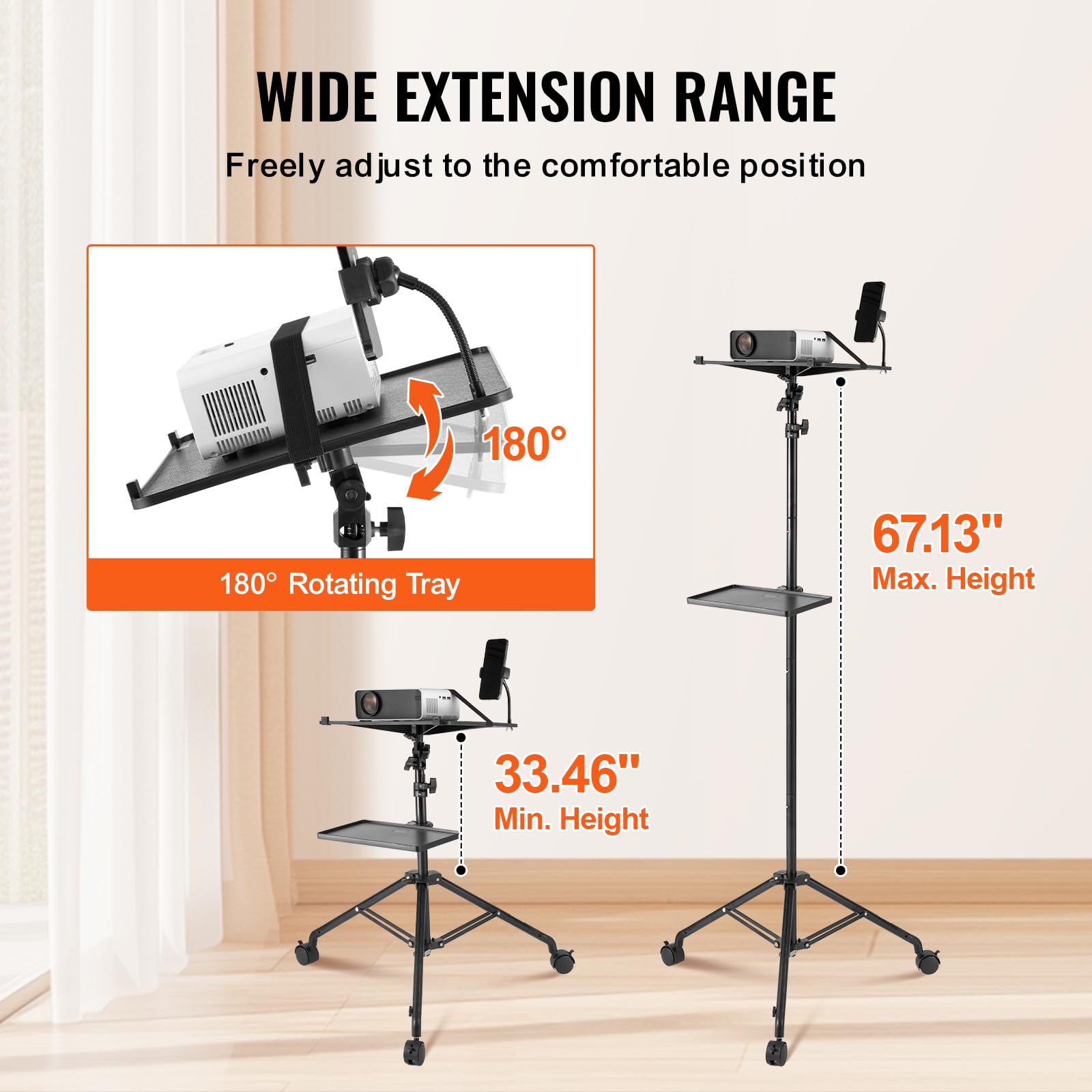 VEVOR Projektorständer mit Rädern Laptopständer-Stativ, höhenverstellbar von 795 bis 1710 mm, Projektor-Stativständer mit 2 Ablagen & Schwanenhals-Telefonhalterung, im Freien/Büro/Studio, zu Hause