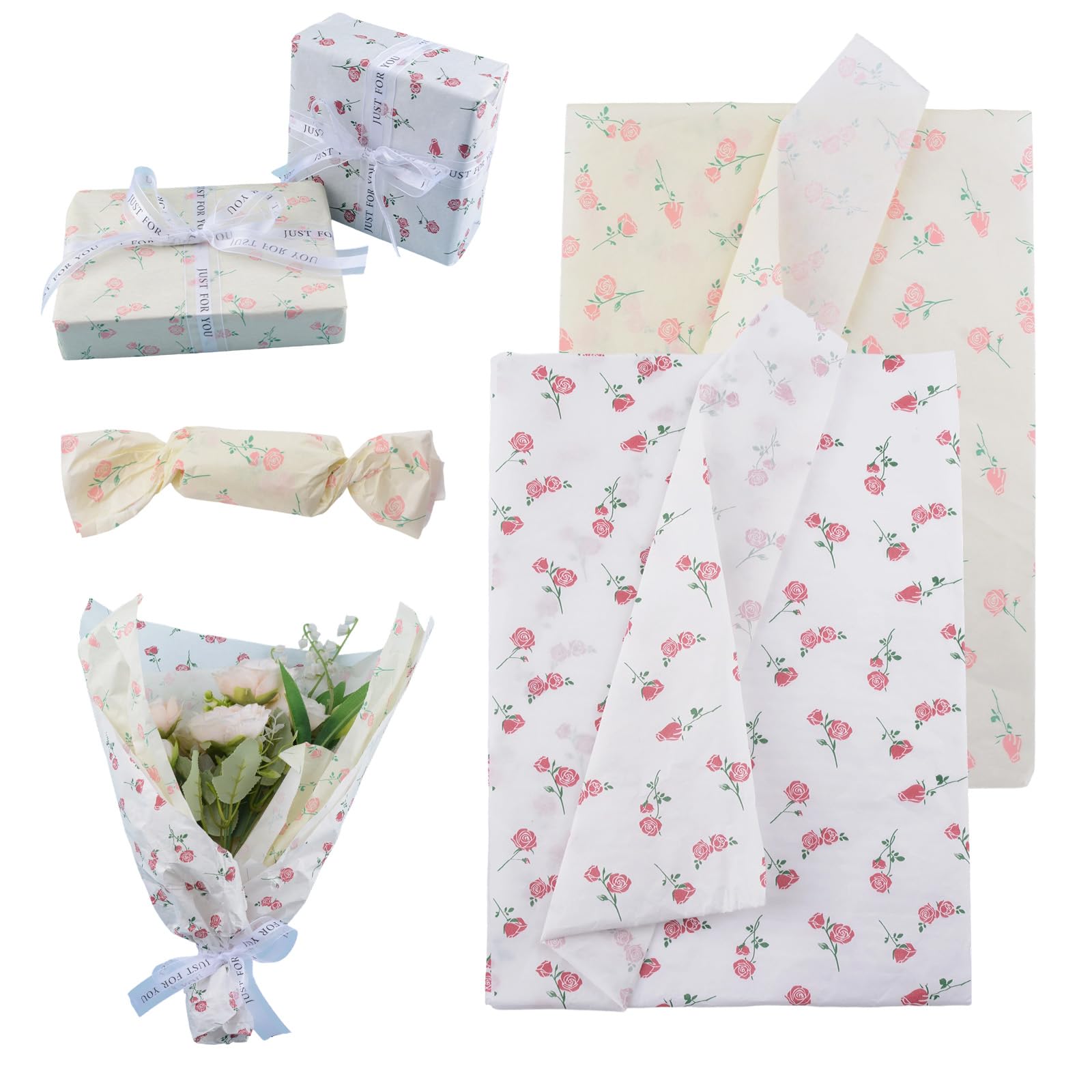HICOHAND Carta velina rosa sfusa, 100 fogli di carta regalo floreale rosa bianca e gialla per bouquet, matrimoni, compleanni, addio al nubilato, artigianato, bomboniere