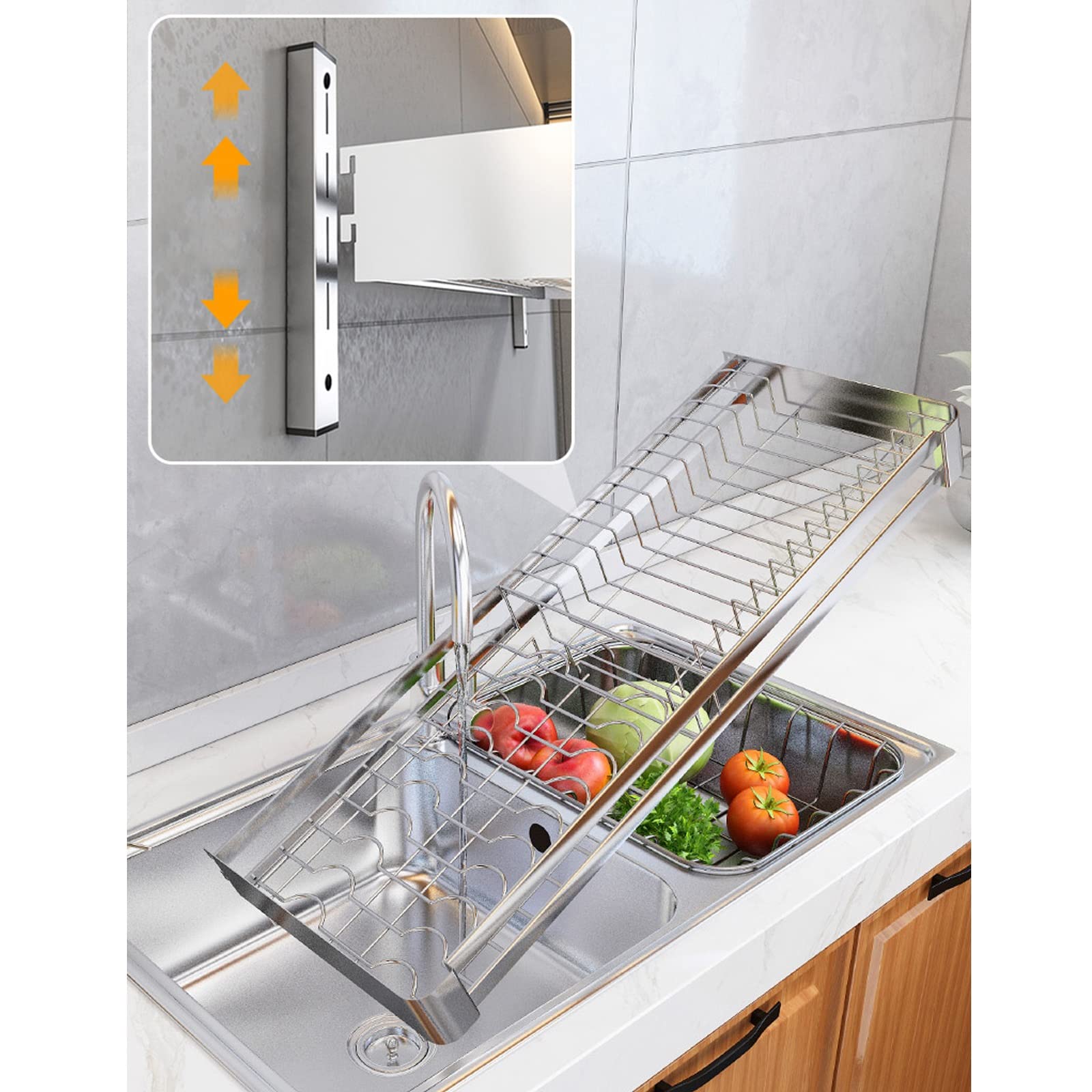 HJXGQJM Escurreplatos Acero Inoxidable, Escurridor De Platos For Colgar En La Pared,para Secar Platos con Bandeja De Goteo Y Soporte Plata 60cm/80cm Escurreplatos(60x30cm)