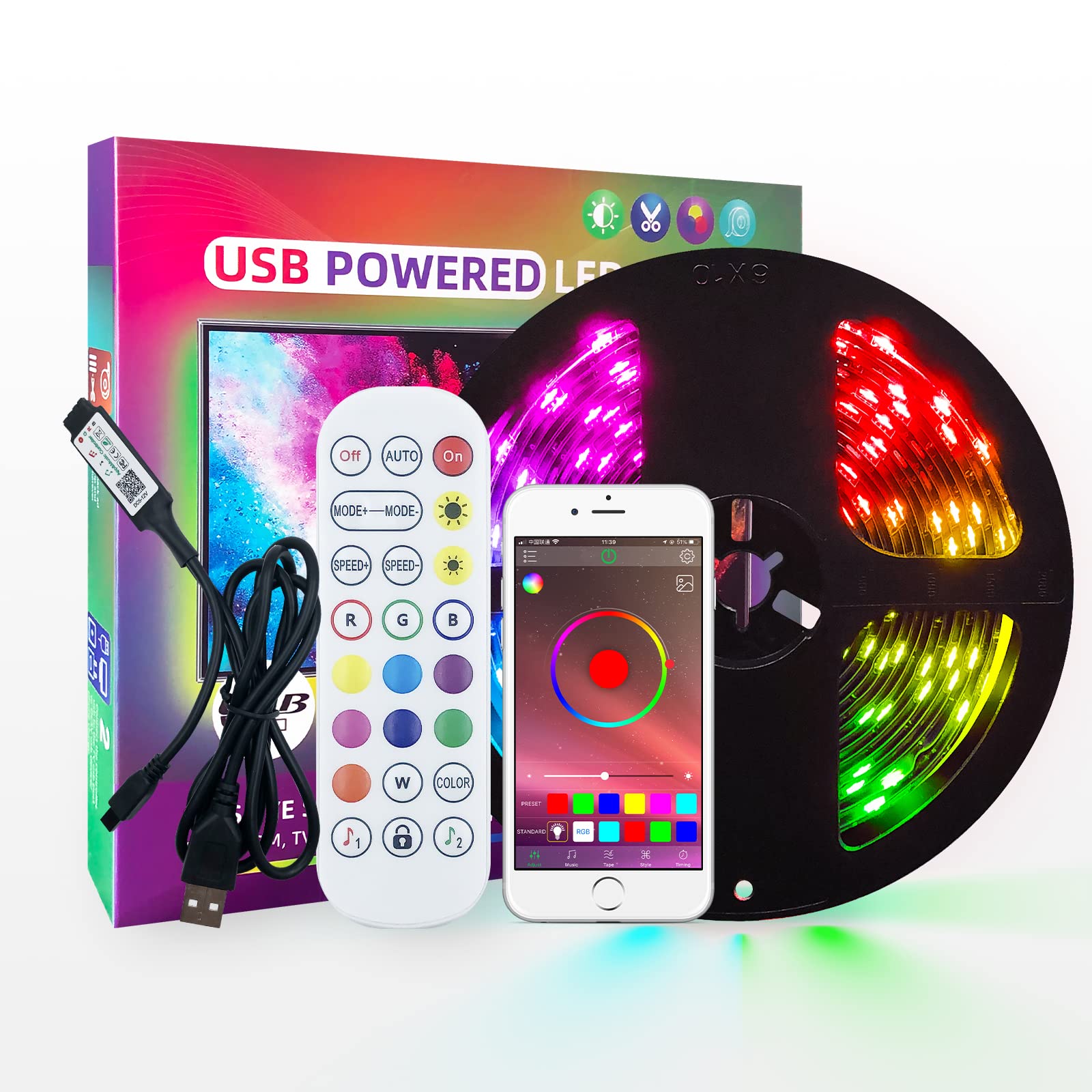 5M LED Strip Lights, Multicolor Light Strips for Bedroom, USB Powered Room Decoration, Bluetooth App & Remote Control Strip Lights (1Pcs 5M)