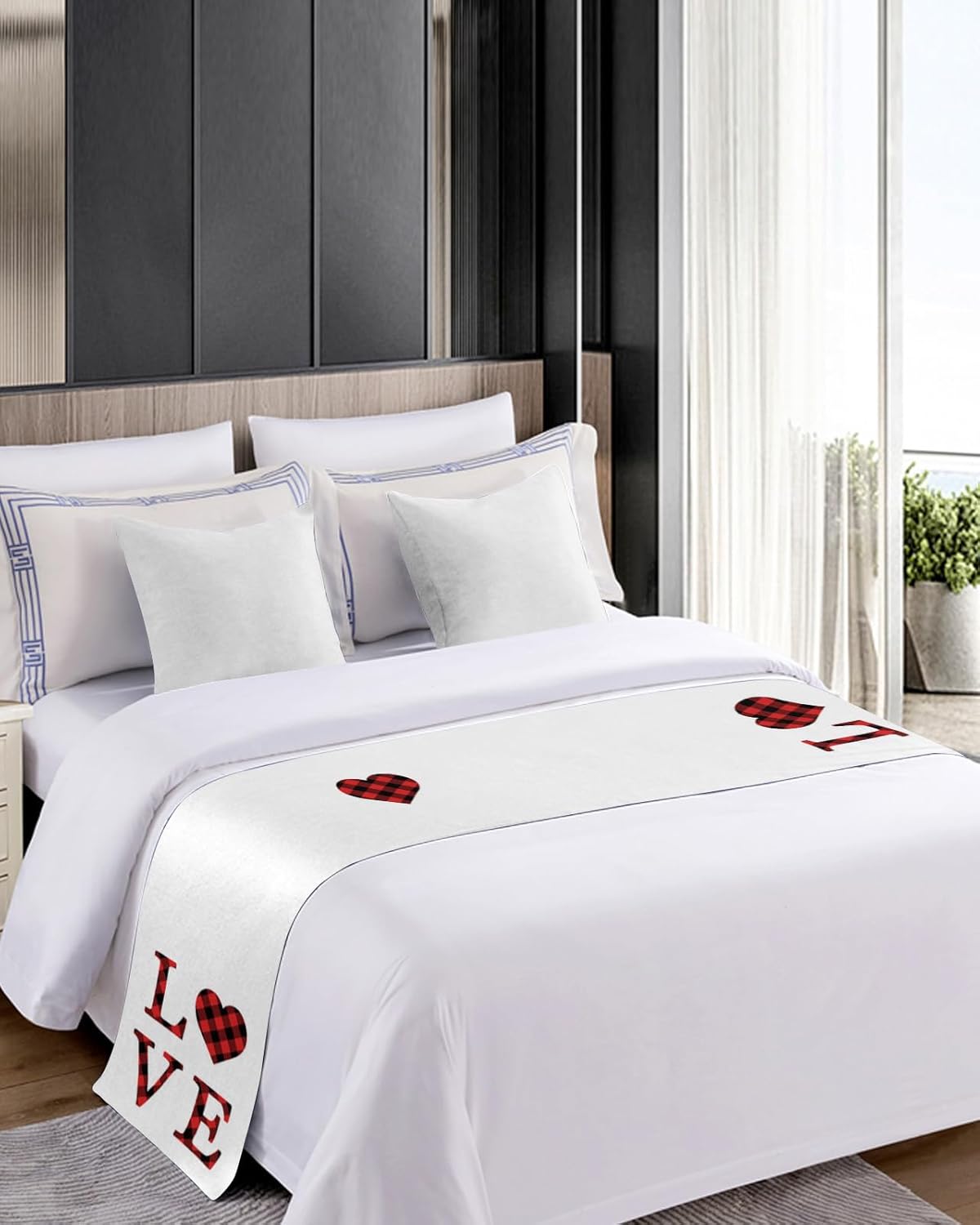 Smile Sunflower Bed Runner Scarf Love Red Plaid White Background Bedding Scarf Decorative Bed Runners Cover for Home Bedroom Hotel Wedding Room Bed Scarf for Foot of Bed Full 83x20in