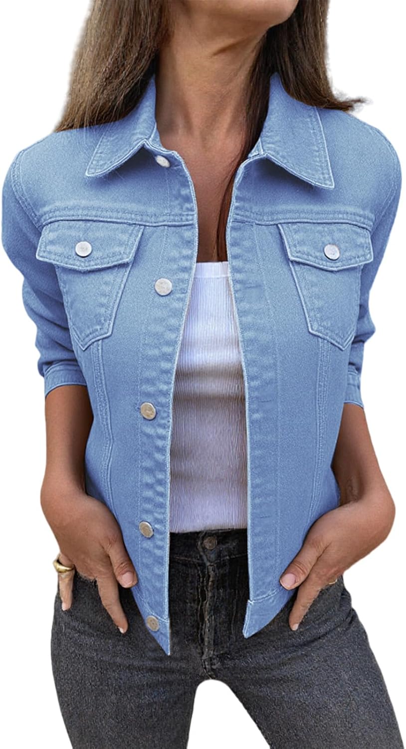 Women's Basic Button Down Stretch Fitted Long Sleeves Denim Jean Jackets Fashion Sleeve Lightweight Cropped